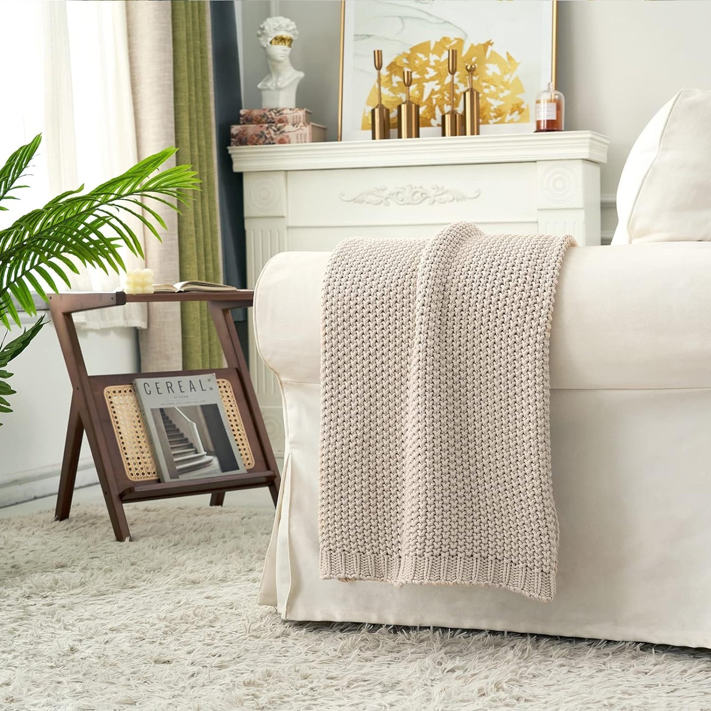 Longhui bedding Chunky Cable Knit Throw Blanket Lightweight Beige 100% Organic Cotton Blanket for Sofa Couch Bed Baby Nursery, Rustic Shabby Chic Modern Farmhouse, 51” x 63” Give Laundering Bag