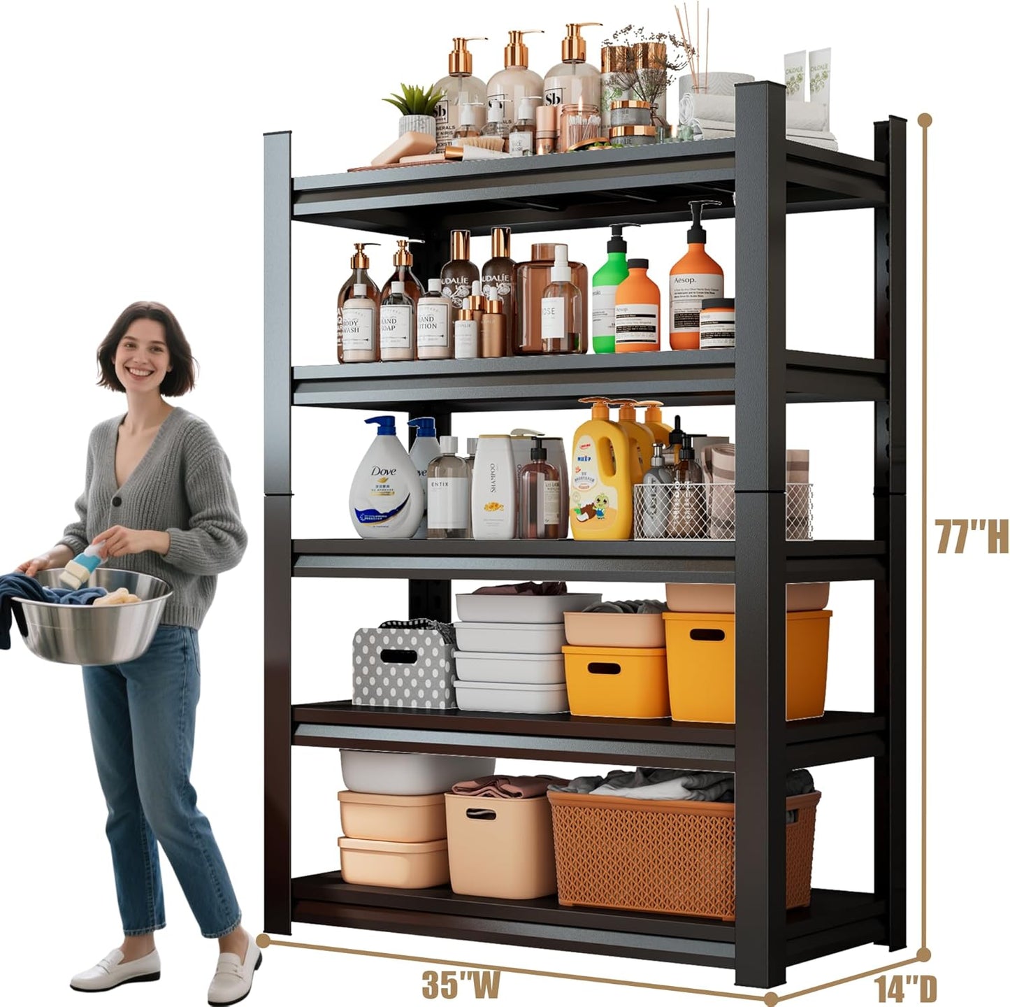 Over The Washer and Dryer Storage Shelf with Baskets, Multi Functional Storage Rack Storage Shelf Organizer Black for Laundry Room,Suit Washing Machine Width Within 32.6", Hold 500 lb, Black