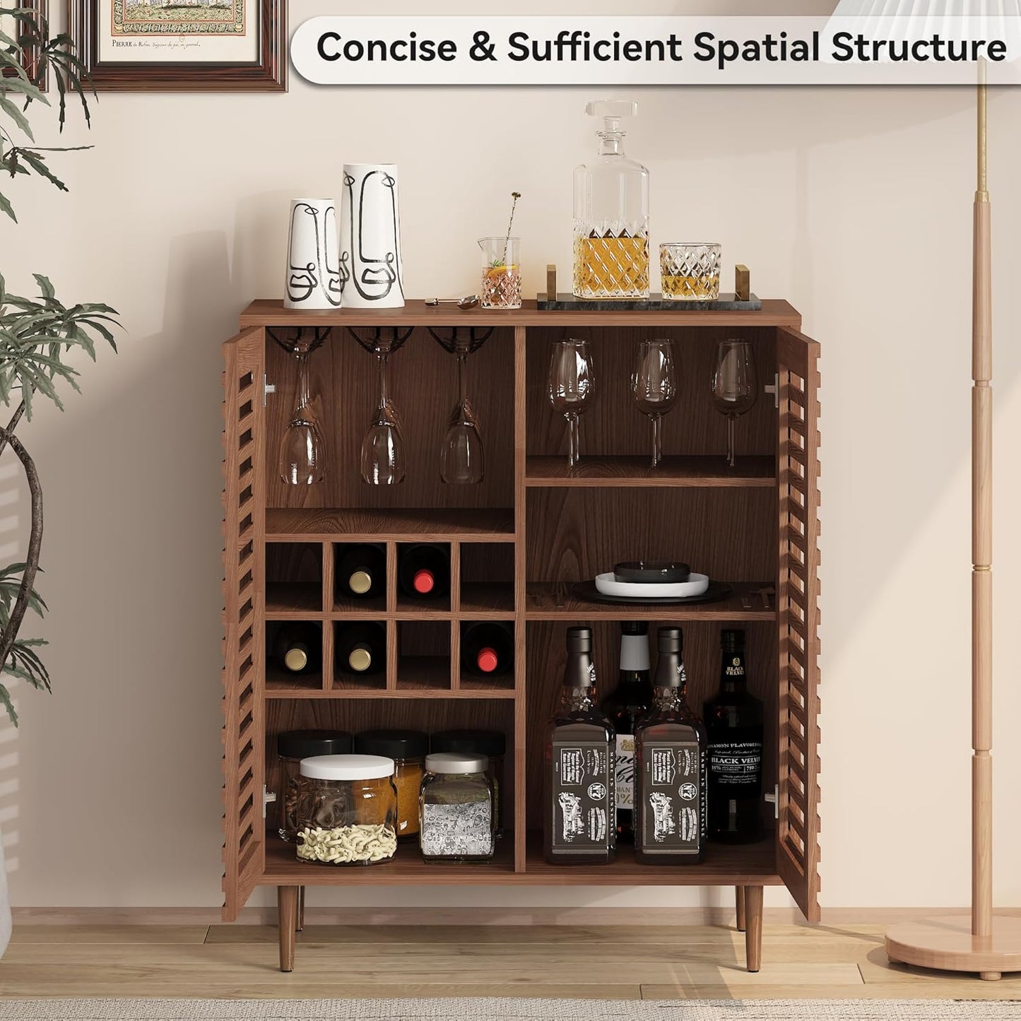 Mid Century Bar Cabinet with Wine Racks, Modern Liquor Cabinet with Slatted Doors for Dining Room, Living Room (Walnut Color)