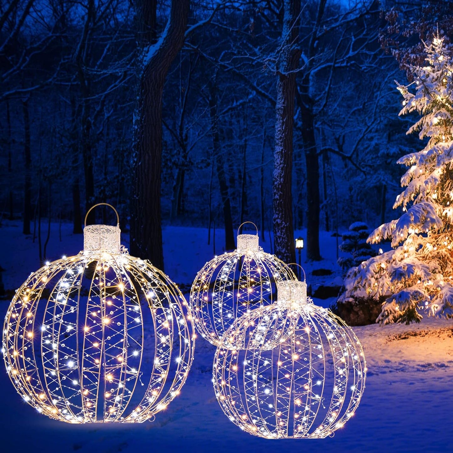 Tangkula Christmas LED Light Balls for Tree (3 Pack), Outside Lighted Sphere with 180 Warm White & 180 Cold White Lights, Holiday Lighted Decorations, Christmas Sphere Balls for Indoor Outdoor Decor