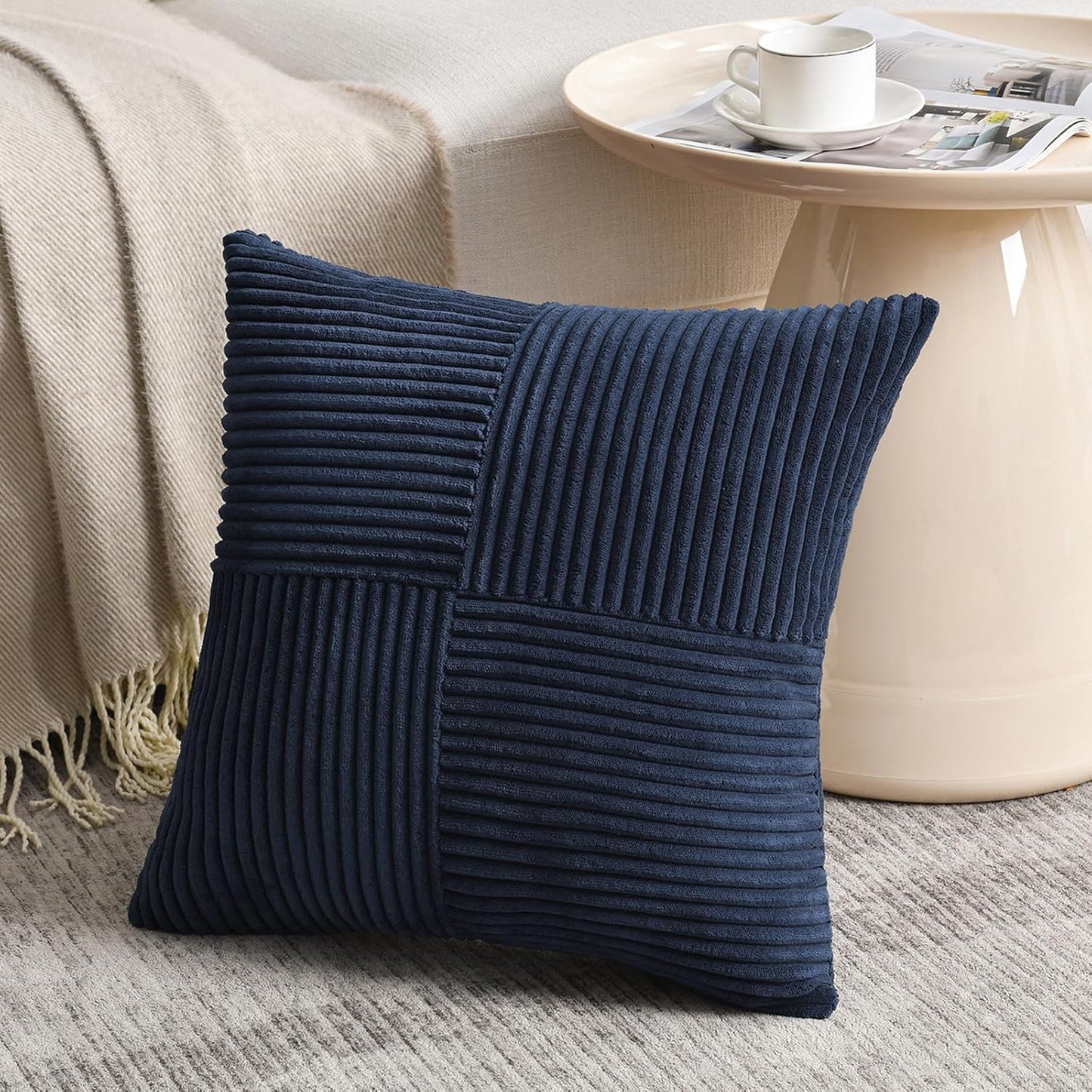 Fancy Homi 2 Packs Navy Blue Decorative Throw Pillow Covers 20x20 Inch for Living Room Couch Bed Sofa, Rustic Farmhouse Boho Home Decor, Soft Corss Corduroy Patchwork Accent Cushion Case 50x50 cm