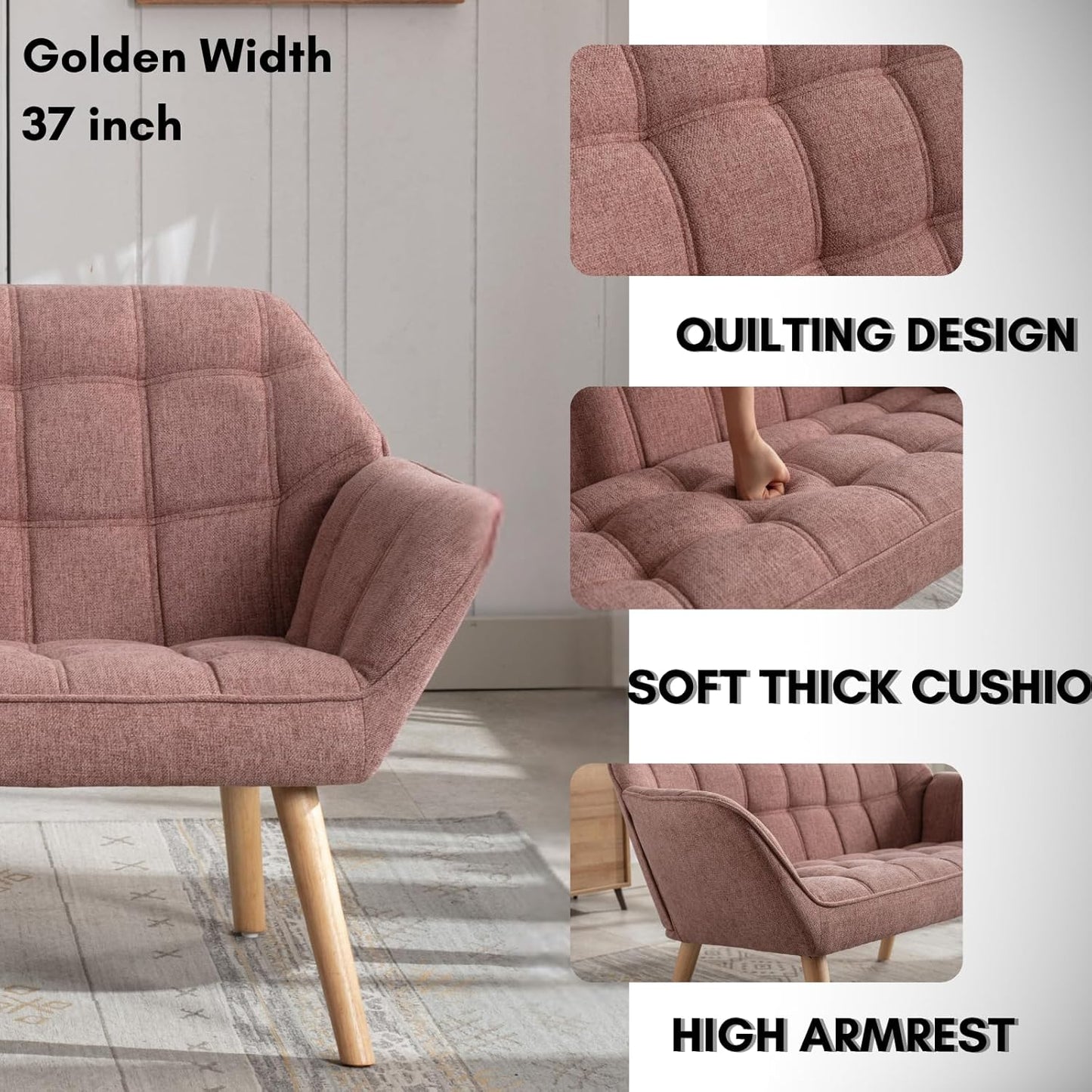 48”Small Loveseat Sofa, Modern Linen Upholstered Mini Couch 2-Seater Fluffy Love Seat with Quilting Backs and Wood Legs for Small Space Living Room, Bedroom, Pink