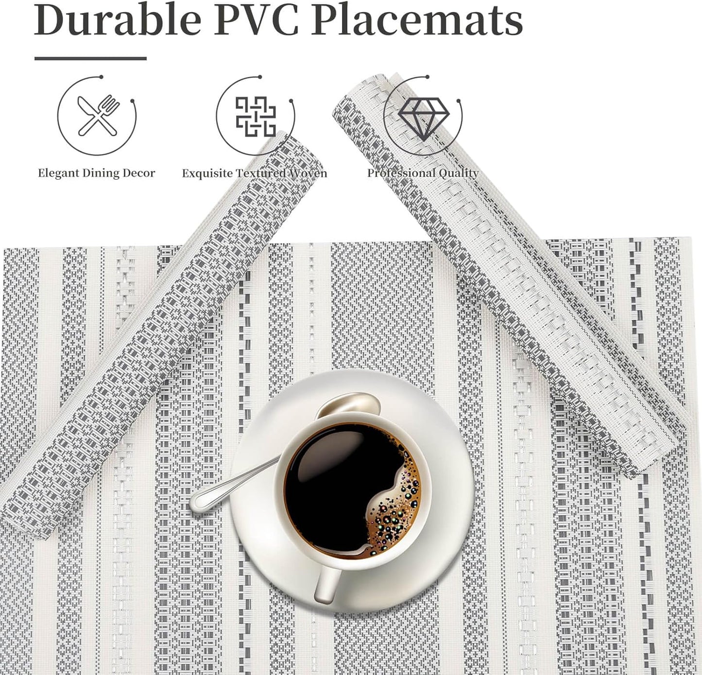 Vinyl Plastic Placemats Set of 6 Washable Heat Resistant Non-Slip Elegant Indoor Outdoor Kitchen Dining PVC Woven Table Place Mats (Dark Grey Striped Silver Wire)