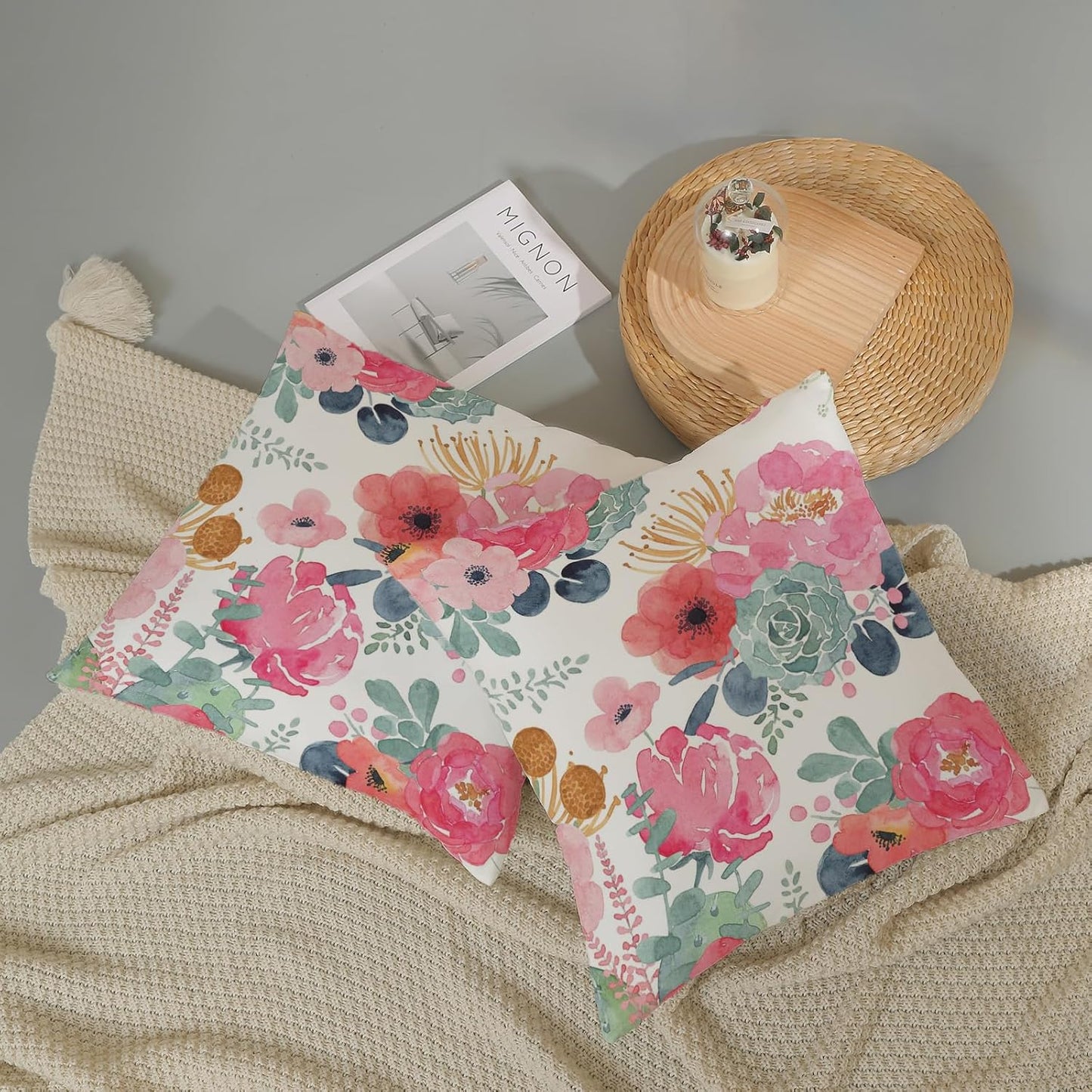 CXMEIFLY Spring Floral Pillow Covers 18 x 18 Inch Set of 2 for Watercolor Pink Flowers Decor Throw Pillows Green Leaves Plant Outdoor Decorative Cushion Cases with Zipper for Couch Bed Decorations