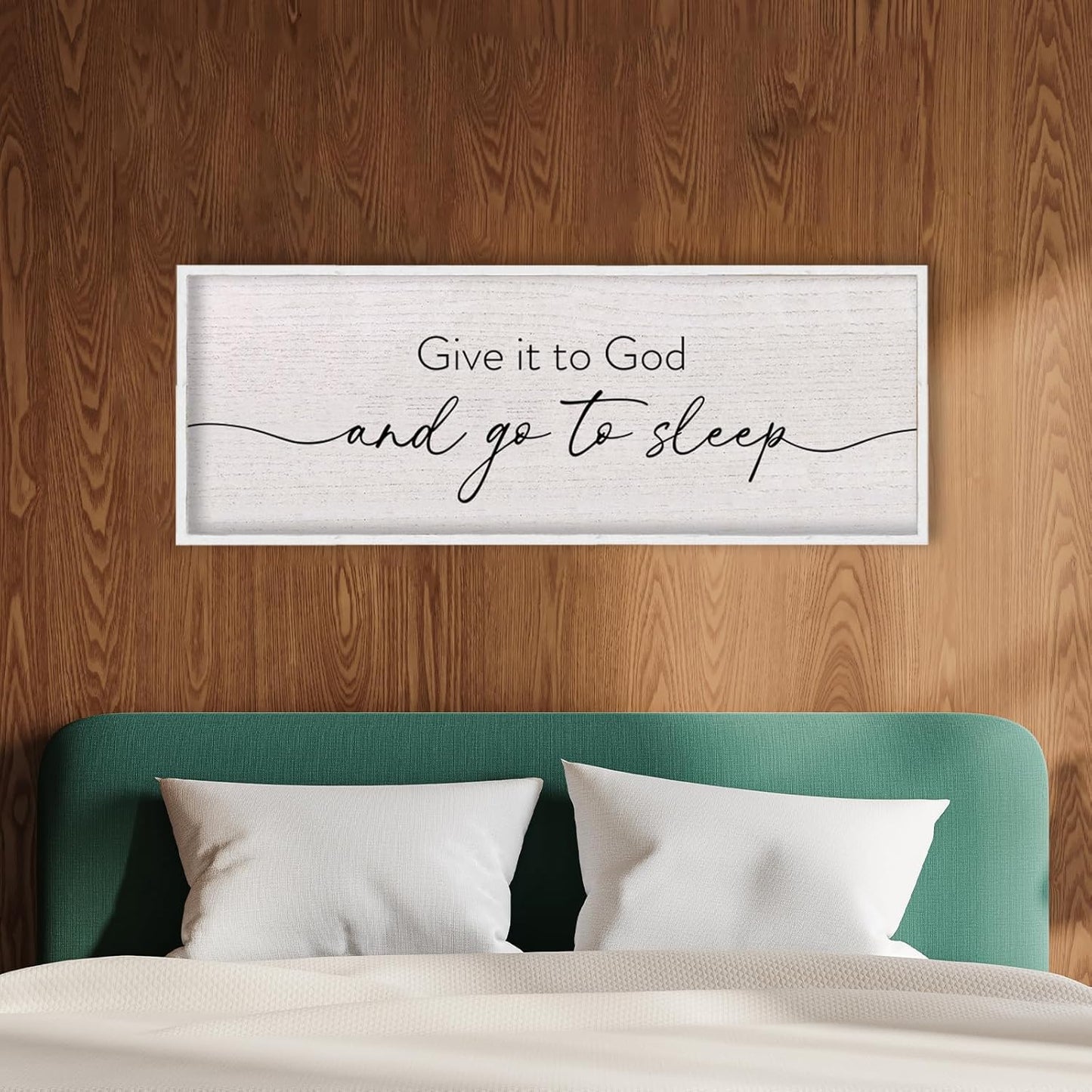 LuZhiQiang Give It To God And Go To Sleep Sign Above Over Bed Wall Decor Art 40"X15" for Master Bedroom Large Wood Framed Hanging (White)
