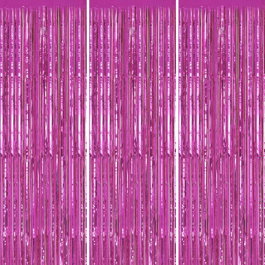 3 Pack Foil Fringe Backdrop - Hot Pink Shiny Tinsel Curtains for Party Decoration/Photo Booth Props - 3.3x8.2 FT Metallic Foil Backdrop for Birthday, Wedding, Graduation, Christmas.