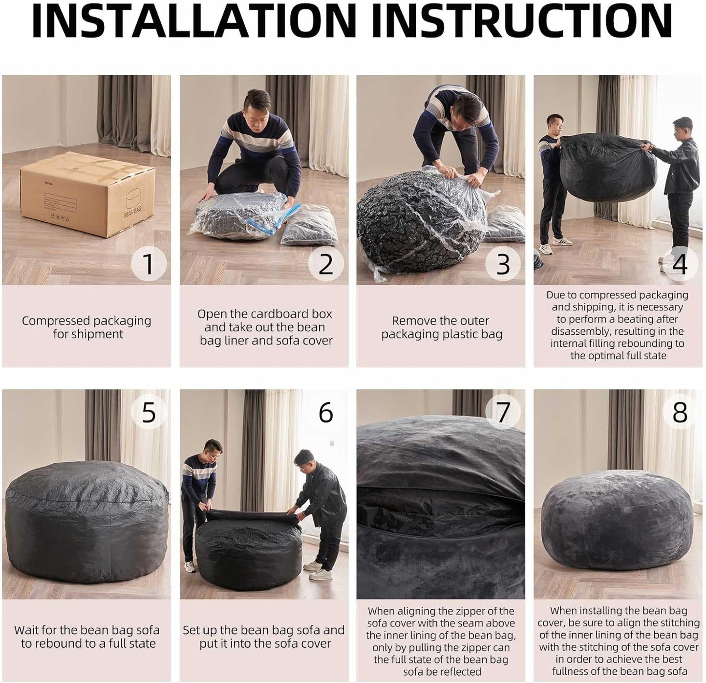 Bean Bag Chair 5Ft, Memory Foam Filled, Large Beanbag Chairs for Adults and Teens, Soft Sofa with Removable Flannel Cover, Round Couch for Living Room Bedroom College Dorm (Pink, 5FT-60×60"×24")