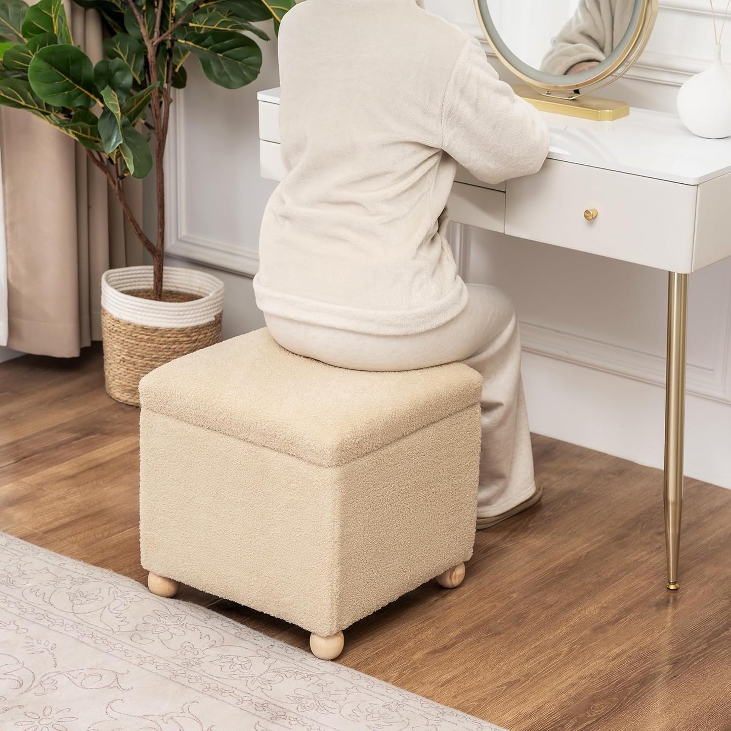 Adeco 17 Inch Soft Oatmeal Cube Ottoman Storage, Teddy Velvet Chair Foot Stools, Upholstered Vanity Stool with Hinged Lid, Solid Round Wood Legs