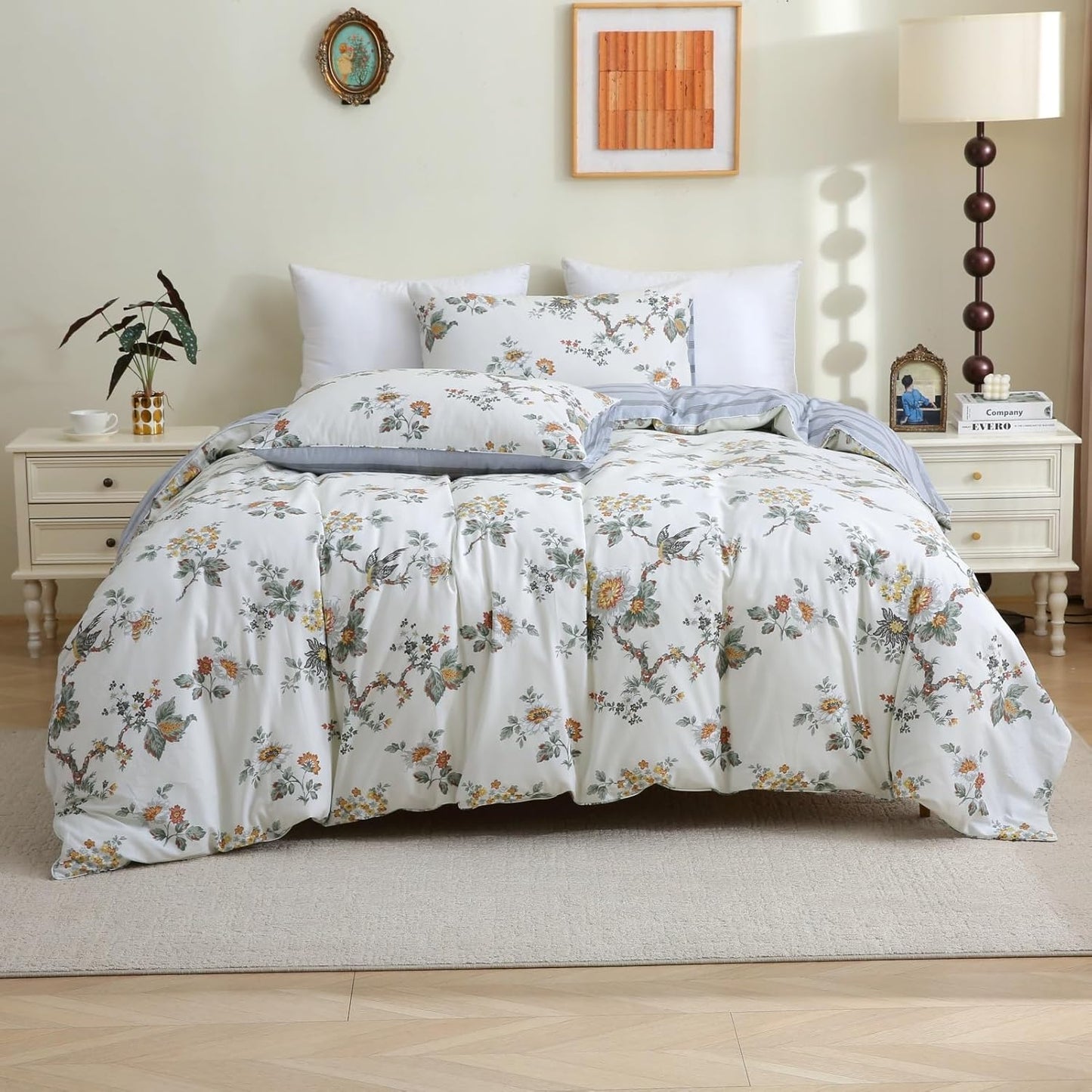 ABREEZE Floral Duvet Cover King Size Set Bird Flowers Bedding Set 100% Brushed Cotton Bedding Collection 1 Duvet Cover with 2 Pillowcases White
