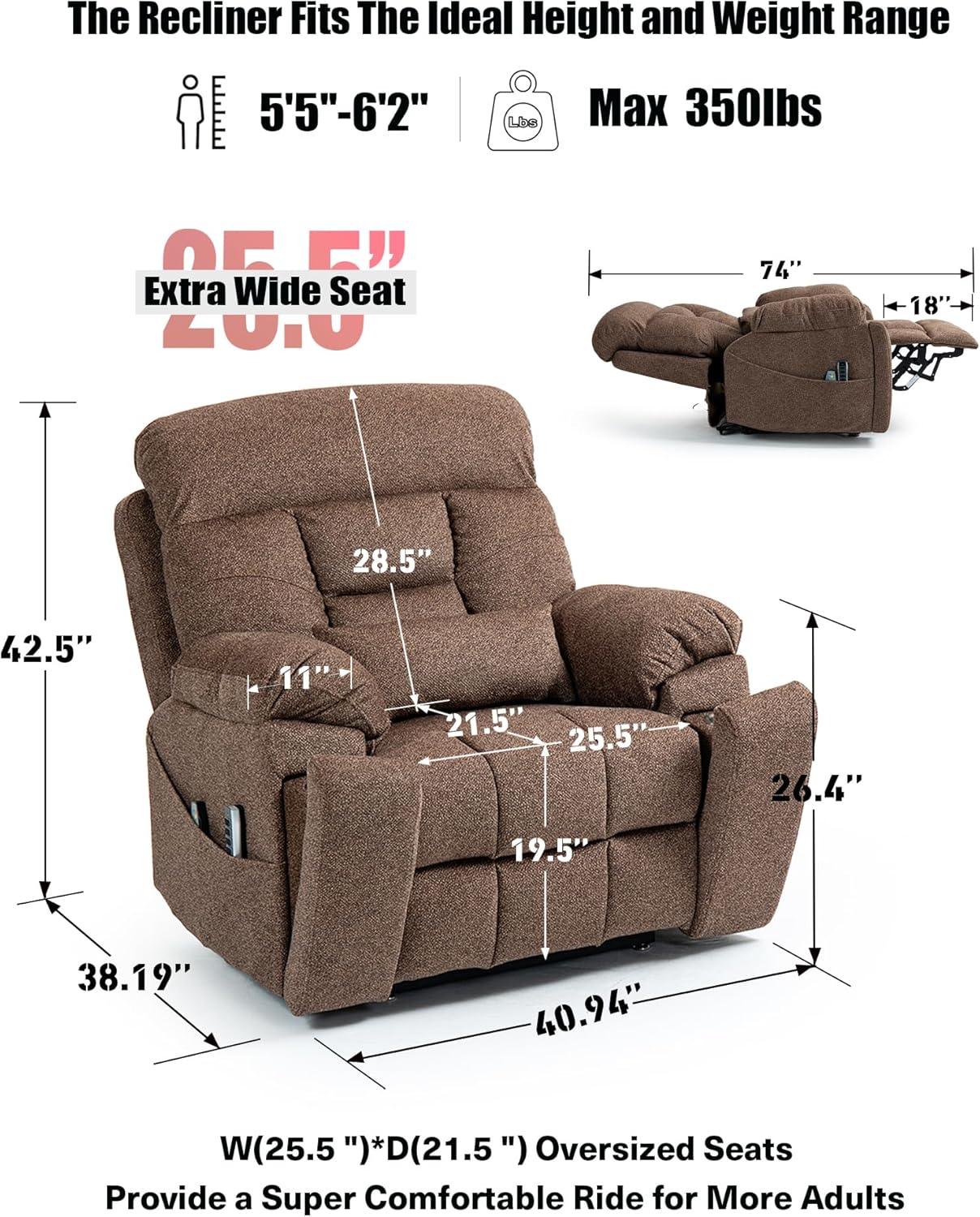 Oversized Lazy Boy Recliner Chair, 4 Motor Recliner with Power Headrest and Lumbar, Nursing Lift Chair with Vibrating Massage and Heated Seat