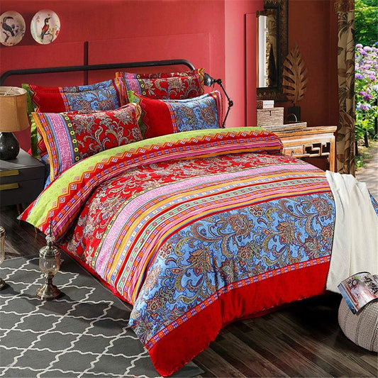 ABREEZE Bohemian Duvet Cover Set Colorful Red Boho Retro Bedding Set Damask Paisley Cotton Duvet Cover Tribal Reversible Bedding Exotic Style Comforter Cover 3-Piece Twin
