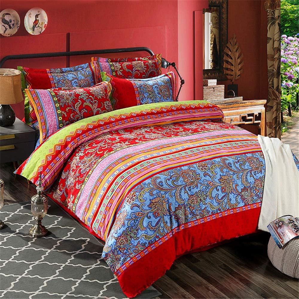ABREEZE Bohemian Duvet Cover Set Boho Bedding Colorful Red Boho Retro Bedding Set Damask Paisley Cotton Duvet Cover Tribal Reversible Bedding Exotic Style Comforter Cover 3-Piece Cal.King