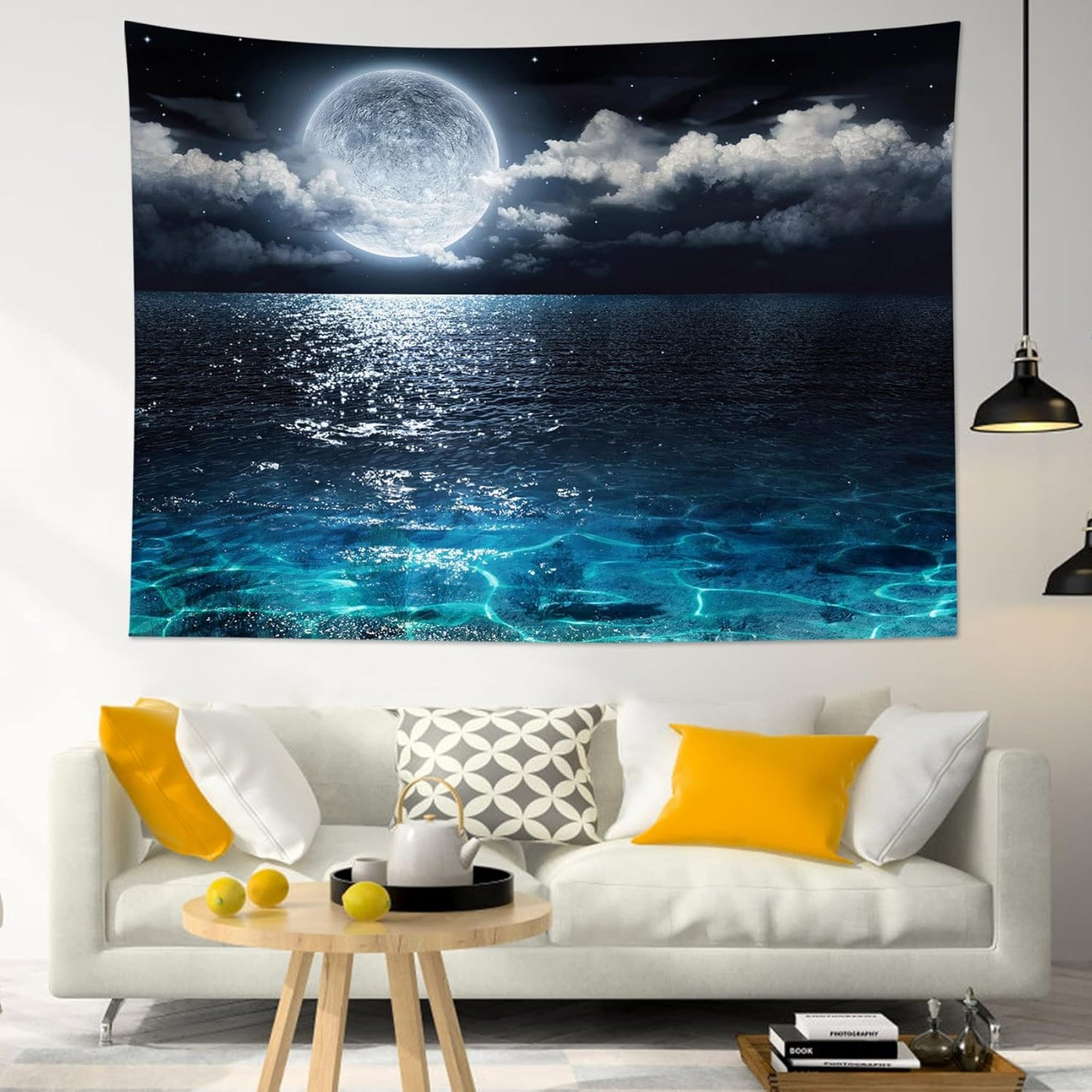 LB Moon Ocean Tapestry - Watercolor Blue Ocean and White Cloud Extra Large Wall Tapestry for Bedroom Starry Night Sky Wall Art for Bedroom Living Room Dorm Decor - 92.5Wx70.9H inches