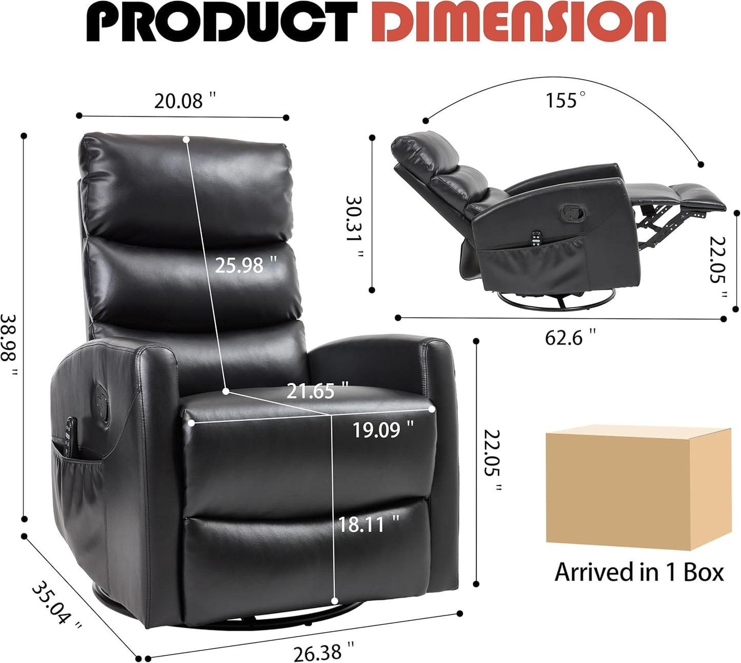 Manual Swivel Rocker Recliner Chair for Adults, Overstuffed Reclining Glider Chair for Nursing with Vibration Massage & Heat, Living Room Rocking Recliner 3-Stage backrest, Faux Leather Black