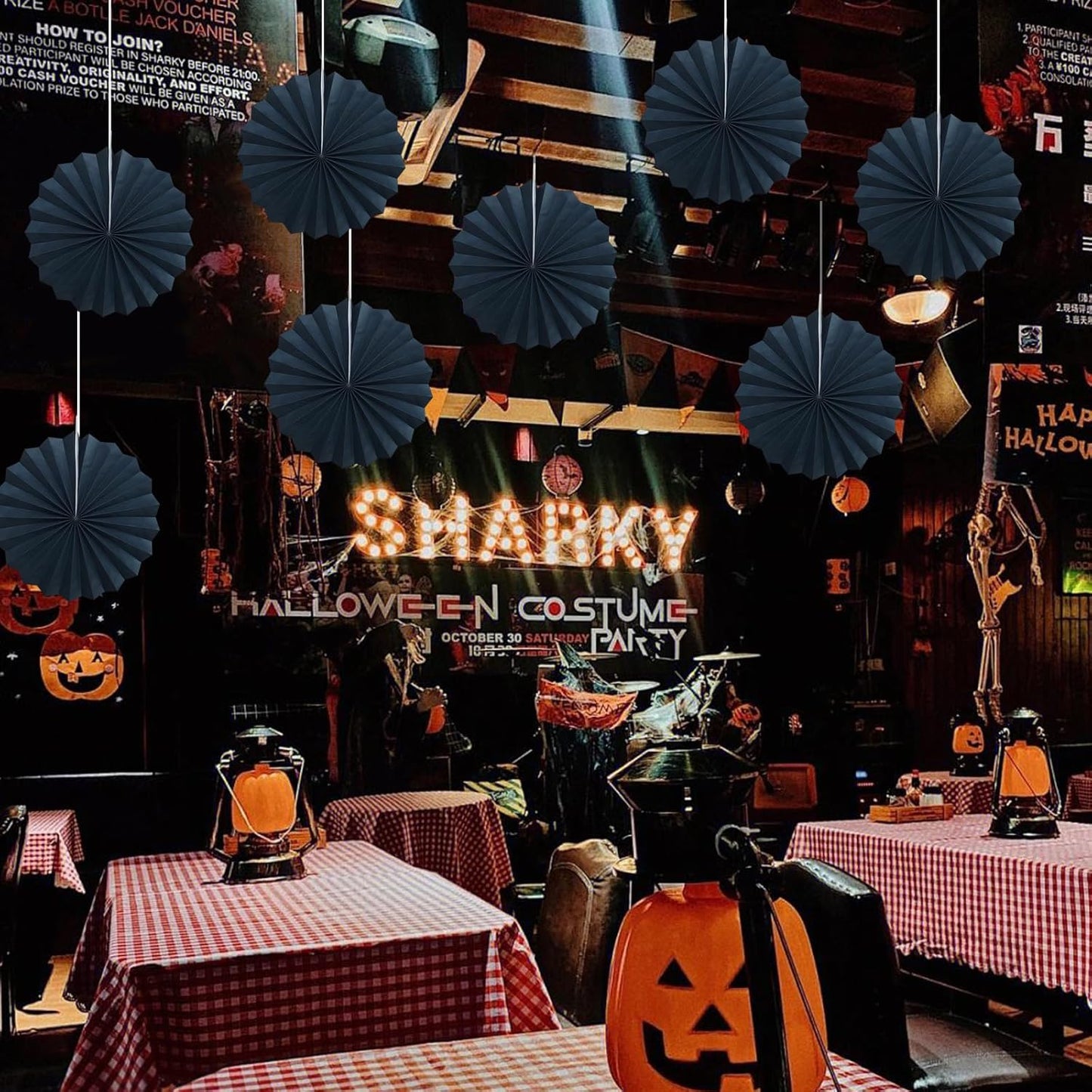 Black Party Decorations,Halloween Decor Events Accessories,Black Birthday Decorations,Anniversary Decorations for Party,Birthday Decorations for Men 12in Hanging Paper Fans 30 Color DIY Set(Black)