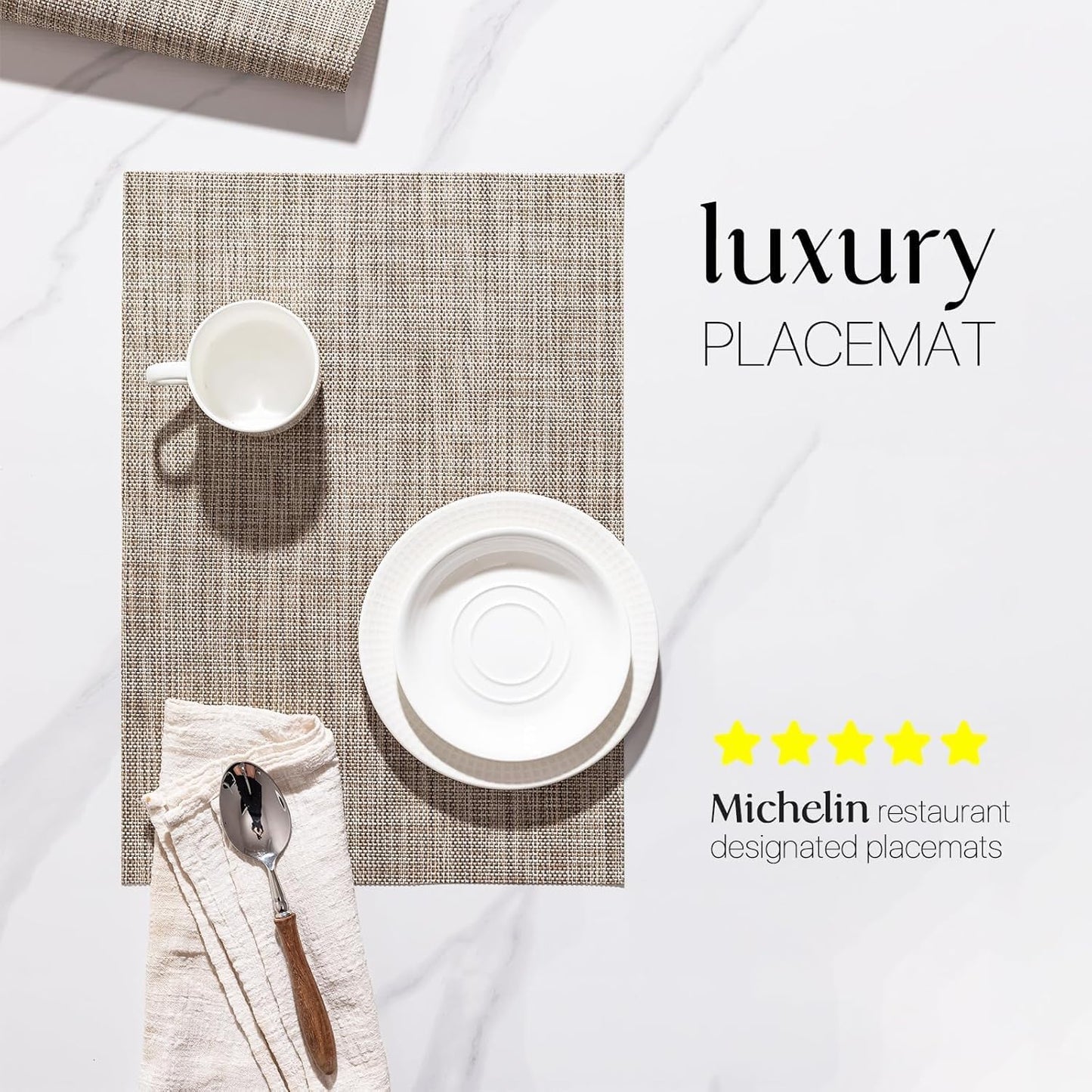 LEXMORE Placemats Set of 4 Vinyl/Plastic Woven Place Mats for Kitchen Table Indoor/Outdoor Washable Placemat Wipeable Dining Table Mats(A-Caramel)