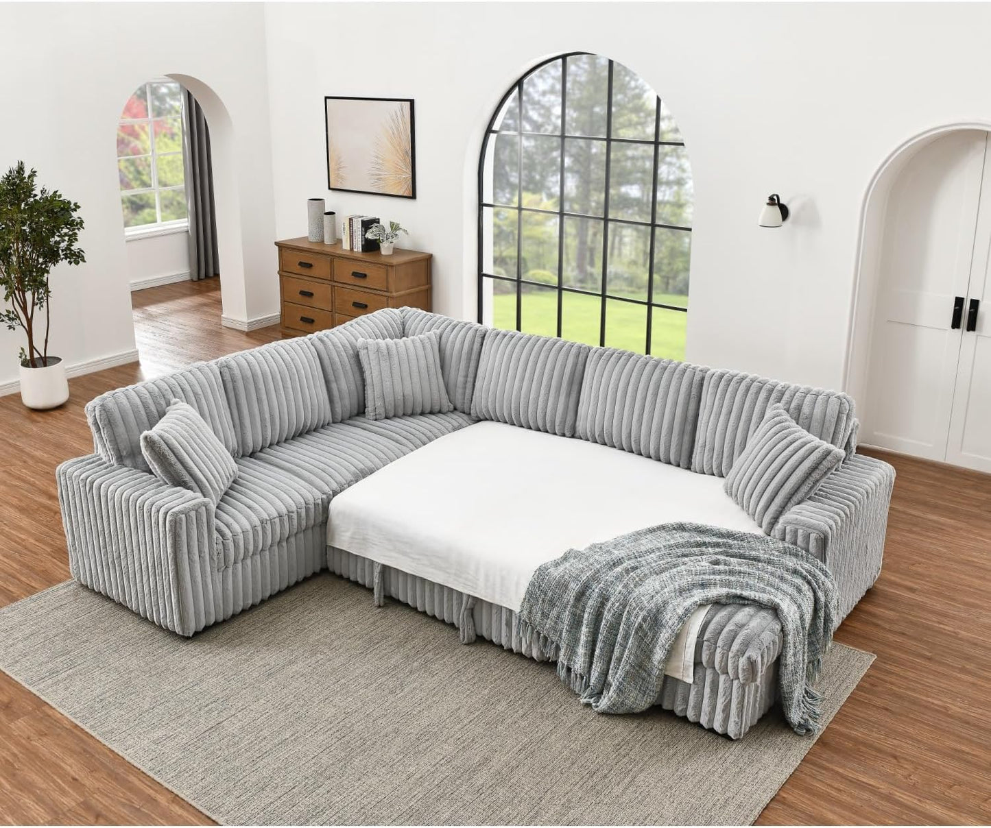 THSUPER 122-Inch Oversized U Shaped Plush Corduroy Fluffy Sectional Sleeper Sofa with Pull Out Bed, Storage Chaise Lounge and USB Charging Port - Gray