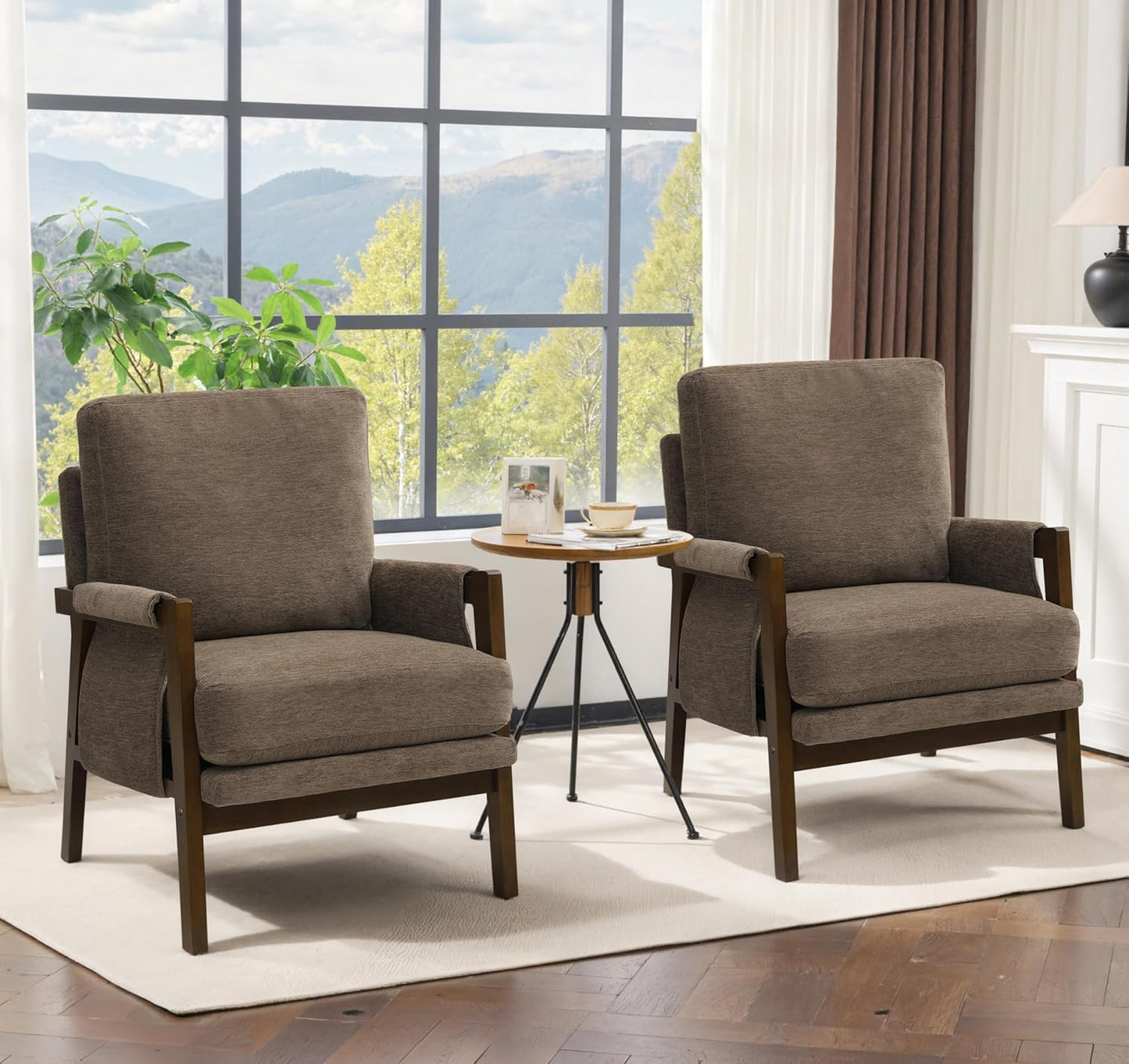 Modern Accent Chairs Set of 2 for Living Room Mid Century Arm Chairs Upholstered Bedroom Chairs Comfy Lounge Chairs with Solid Wood Frame, Dark Brown
