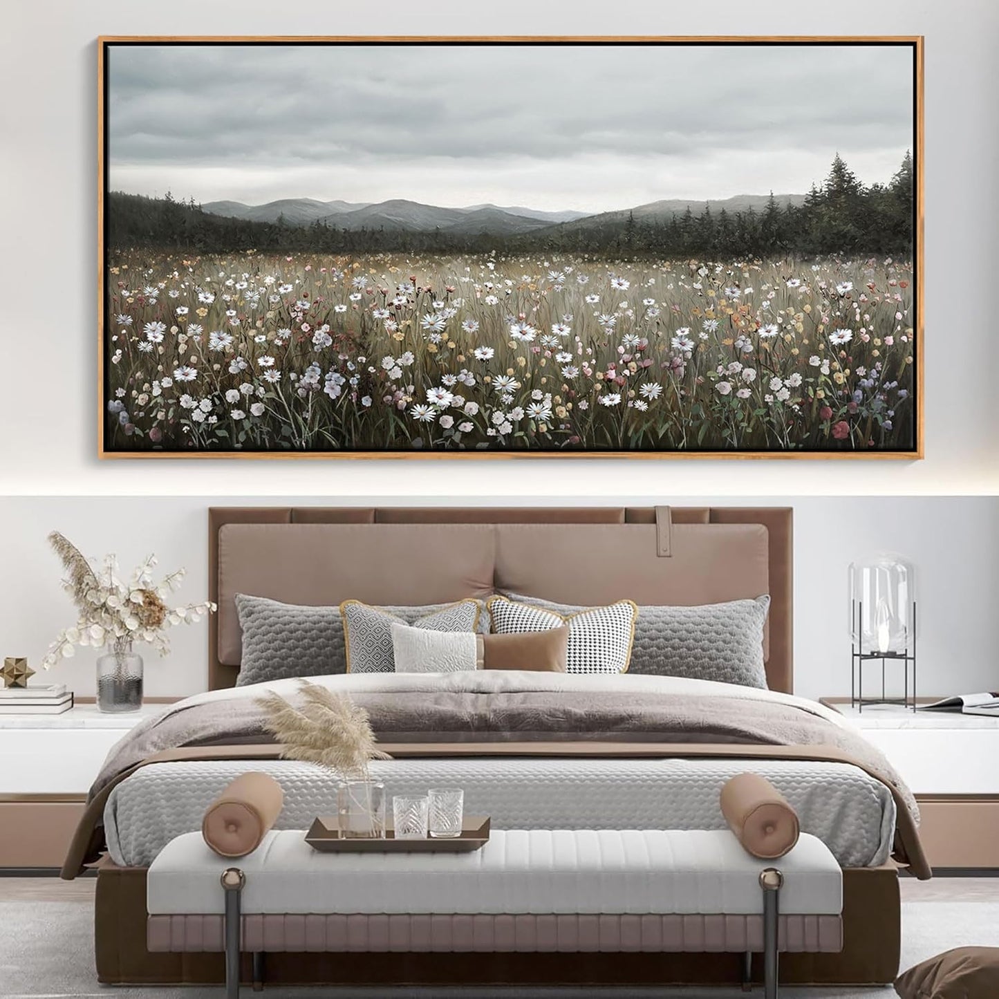 HGUAOA Vintage Landscape Wall Art for Bedroom and Living Room - Large Floral Artworks Farmhouse Wall Decor - Framed Neutral Nature Pictures - Above Bed Wall Decor with Mountain Scenery 29×58IN