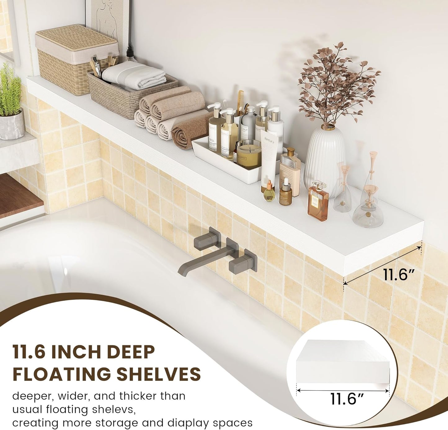 White Floating Shelves for Wall - 72 Inch Wide x 12 Inch Deep Wall Shelves Set of 1 - Rustic White Wood Shelves for Living Room, Bathroom, Laundry Room, Bedroom, Kitchen, Home Office