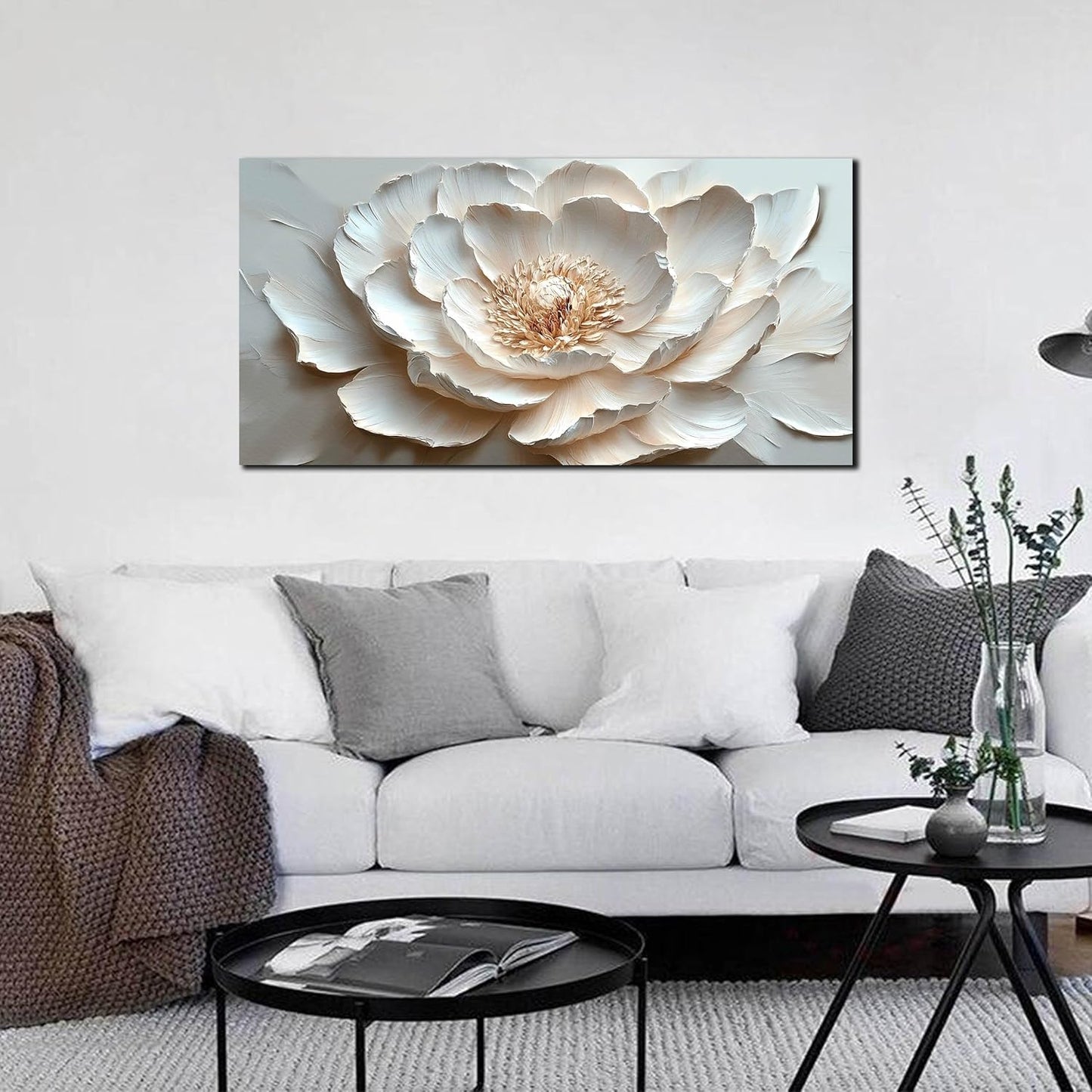 Flower Art Wall Decor for Living Room - White/Pink/Beige Canvas Wall Art for Office - Modern Wall Decor for Bedroom Women Size 20 x 40 Inch
