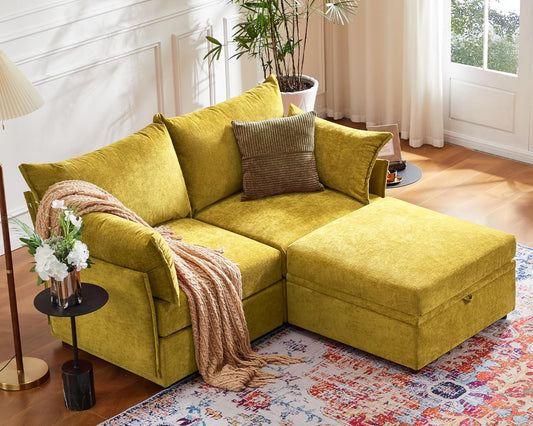 Luxury Modular Sectional Sofa, L-Shaped 3-Seat Couch with Storage Ottoman Deep Seat & Reversible Chaise Lounge Chenille Yellow for Compact Spaces, Apartments, Dorm