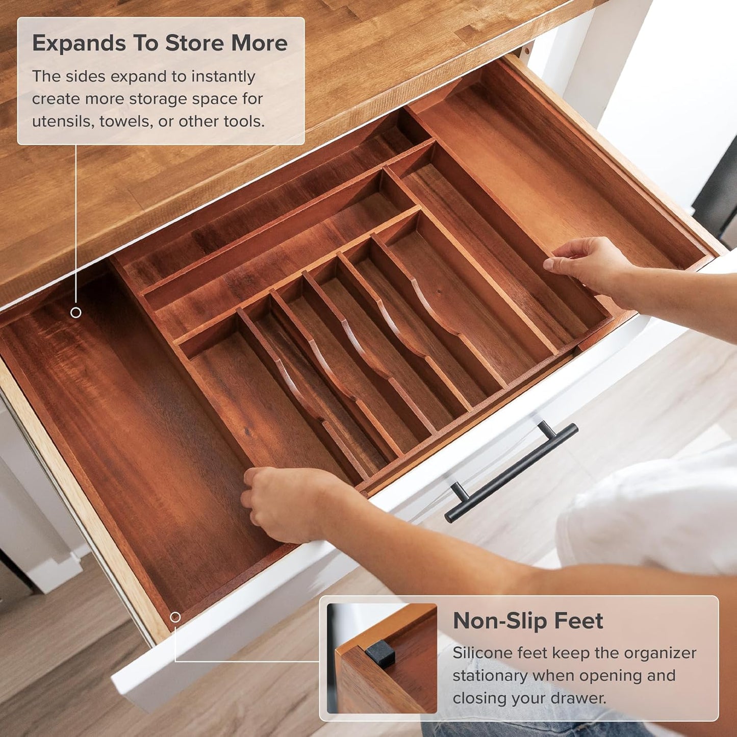 Premium Silverware, Flatware and Utensil Organizer for Kitchen Drawers, Food-Safe Contract Grade, Expandable from 18 to 33 In, Natural Acacia