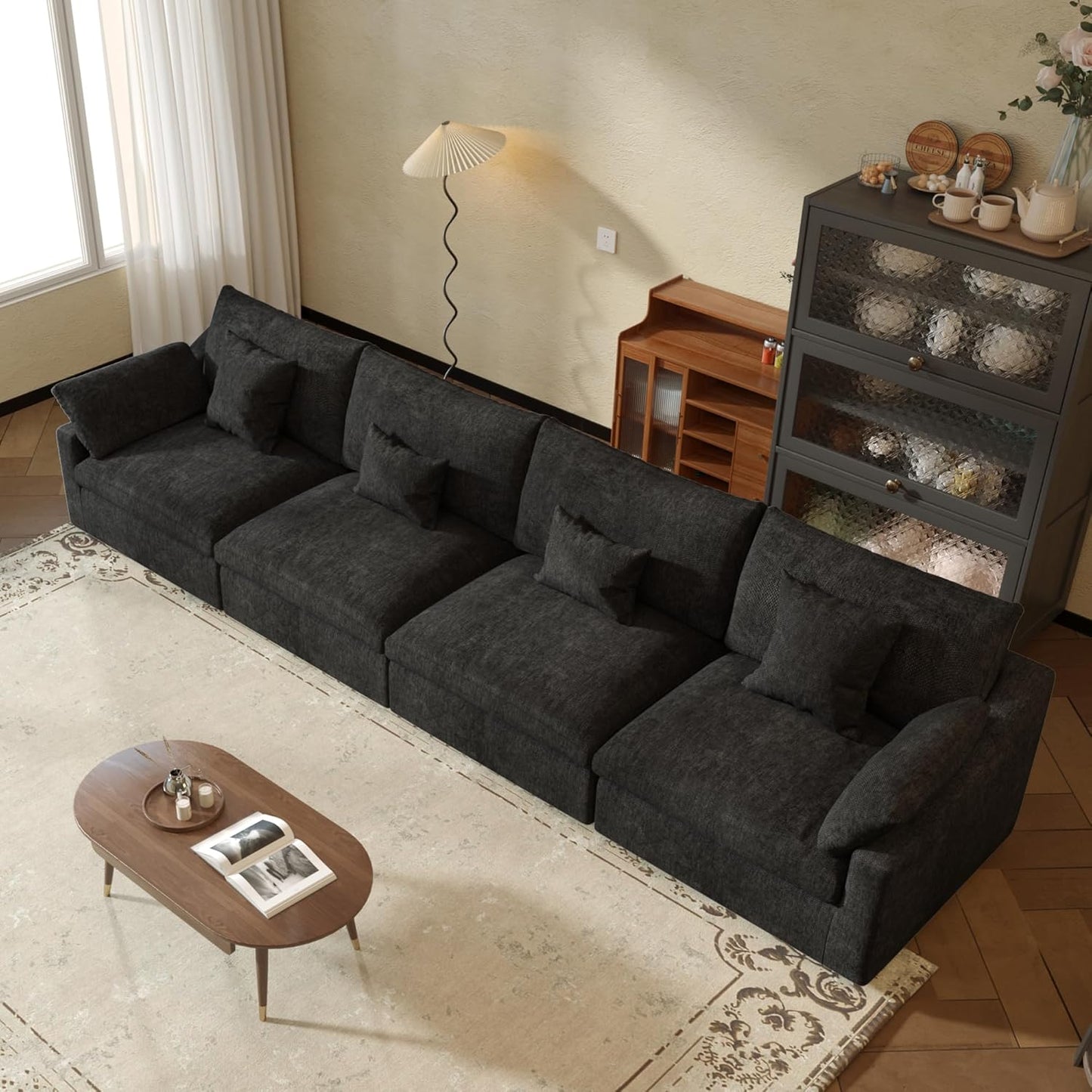 JACH Sectional Couches for Living Room, 4 Seater Cloud Sectional Couch with Deep Seat, Down Filled Modular Sofa, Covers Removeable & Washable, Sofas Furniture for Living Room, Black