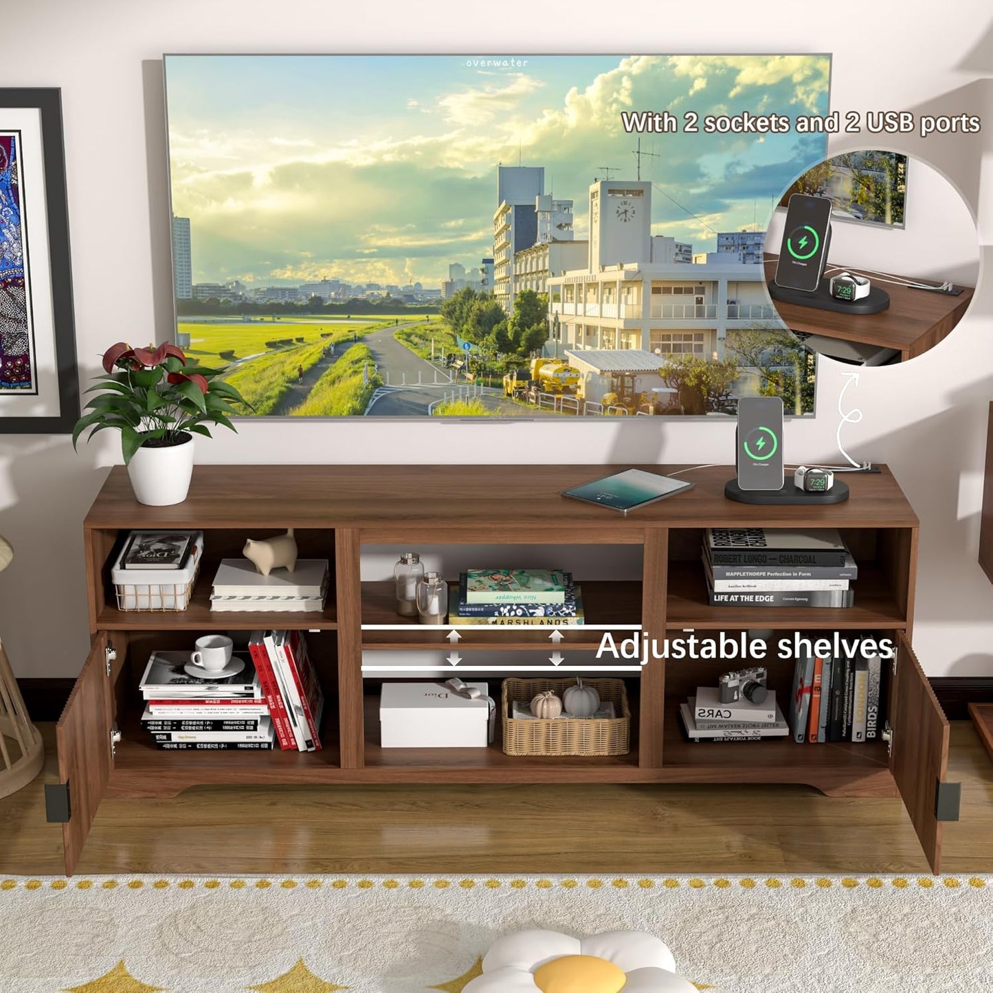 Fluted TV Stand for Tvs up to 80",Mid Century Modern TV Stand with Open Adjustable Shelf,Entertainment Center Wood TV Media Console with Cord Holes,TV Stand for Living Room Furniture Bedroom,Walnut