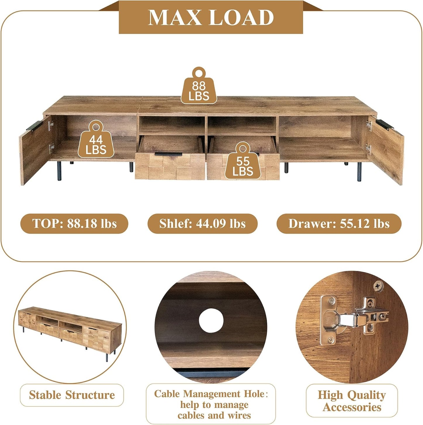 Modern TV Stand for TVs up to 85", Mid-Century Media Console with Checkered Cabinet Doors, Storage Drawers & Open Shelves, Wood Entertainment Center with Metal Legs