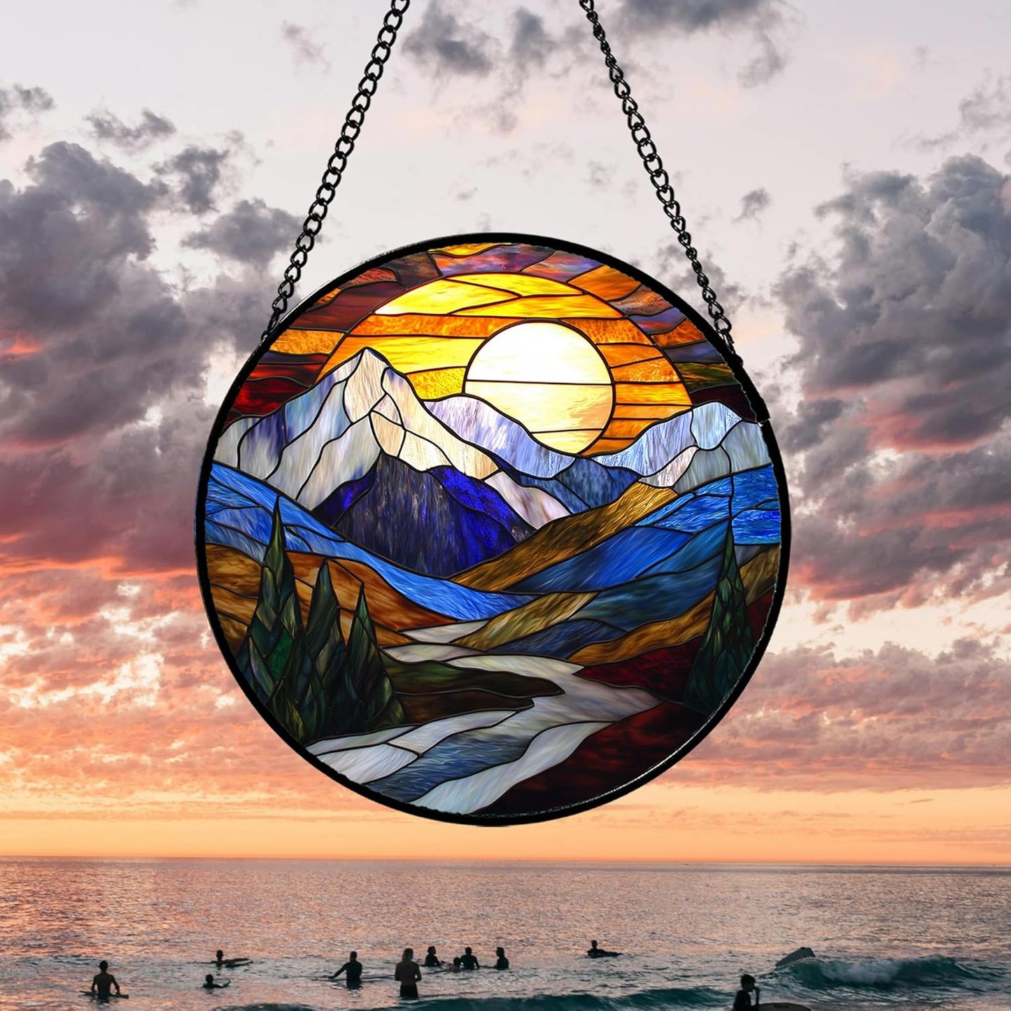 Stained Glass Window Hanging, Yellow Blue Sunset Mountains Scenery Sun Catcher for Window Home Decor Landscape Suncatcher Mother's Day Birthday Gifts for Women Men Mom and Nana 7.8 in