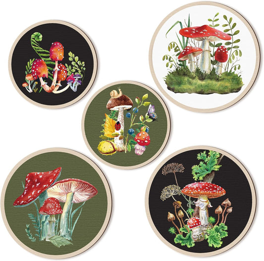 Qunclay 5 Pcs Wall Art Decor Wooden Living Room Wall Decor Bohemian Hanging Farmhouse Geometric 10'' and 8'' Aesthetic Wood Minimalist Posters for Bedroom(Mushroom)