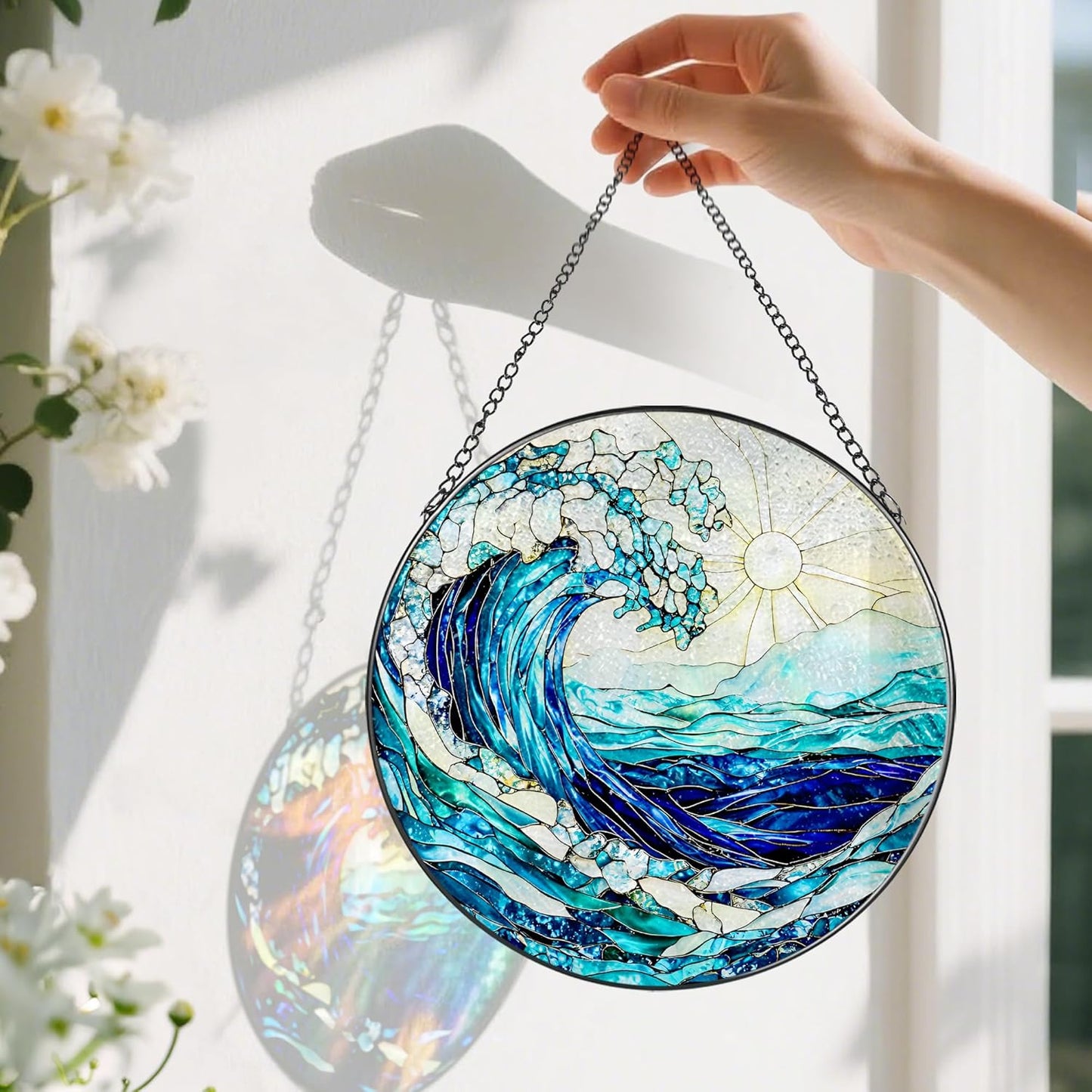 Stained Glass Window Hanging, 8 Inch Ocean Waves Stained Glass Suncatcher, Window Hanging Decor, Beach Decor, Ocean Suncatcher Gift, Beach Lover Gift, Gifts for Couples Friends Family