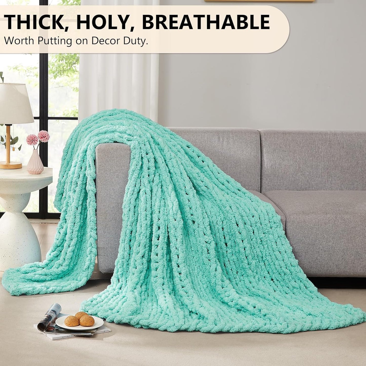 L'AGRATY Chunky Knit Blanket Throw: 50''x60'' Chenille Chunky Knitted Throw Blanket for Bed Couch - Handmade Thick Big Cable Knit Blanket - Large Crochet Rope Blanket for Home Decor(Lake Blue)