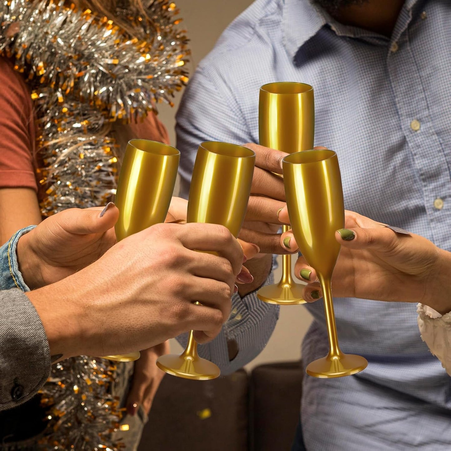 XUWAIDSGN Acrylic Champagne Flutes Toasting Glasses Unbreakable Mimosa Bar Reusable Wine Glasses Vintage Champagne Flutes Stemmed Drinking Cups 5.4 OZ for Christmas Birthday (10, Gold)