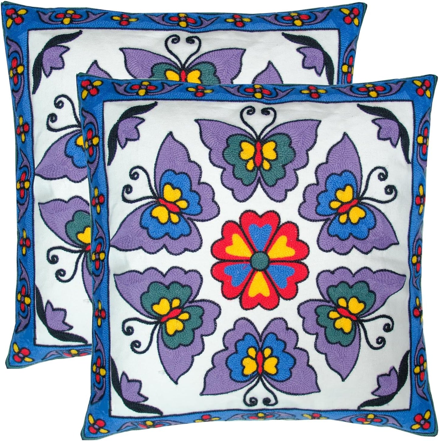 Embroidered Decorative Throw Pillow Cover, 18"x18" Set of 2, Farmhouse Pillowcase Purple Butterfly Knit Pattern Cotton Canvas Cushion Case Square Floral Pillow Case for Sofa Couch Bed Living Room