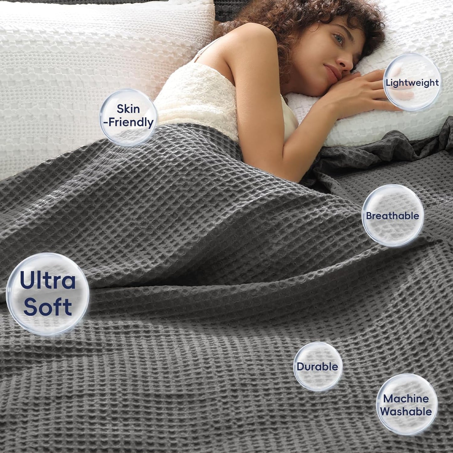 PHF Ultra Soft Waffle Weave Throw Blanket 50"x 60"- Washed Lightweight Breathable Cozy Woven Blanket for Bed - Aesthetic Decor for Couch Bedding Sofa Home Car - Grey