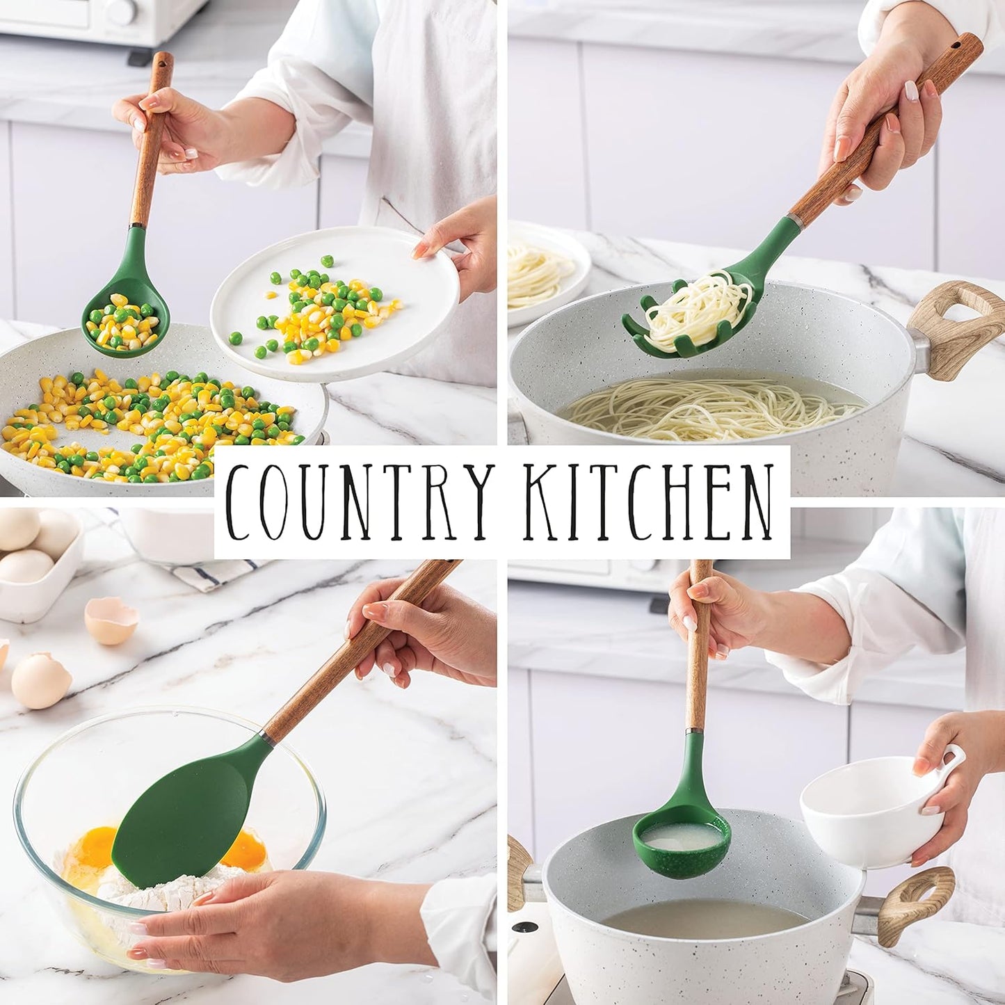 Country Kitchen Non Stick Silicone Utensil Set with Rounded Wood Handles for Cooking and Baking, 8 Piece Set, Green