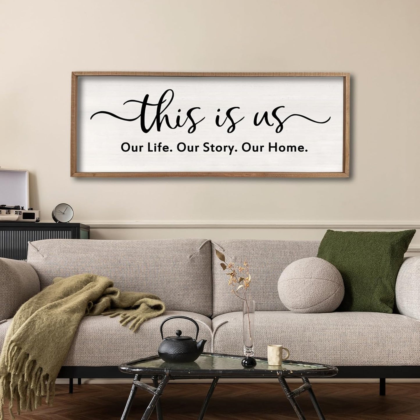 This is us Wall Decor Sign 32'' x 12'' Large Master Bedroom Home Life Story Wood Framed Vintage Family Sign Rustic Plaque Living Room Minimalist Farmhouse Hanging Wall Art (Wood)