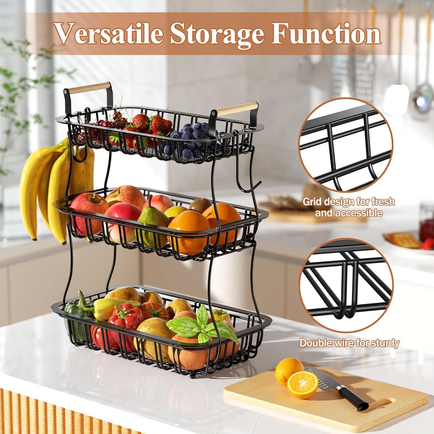 3 Tier Fruit Basket for Kitchen Counter, Fruit Bowl with 2 Banana Hooks Mesh Top, Multifunctional Detachable Sturdy Kitchen Storage Organizer for Vegetables Snacks Onion Potato, Black