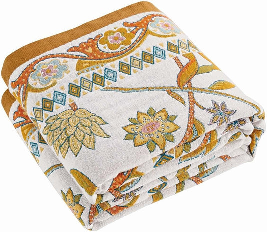 Fall Throw Blanket for Couch, Brown Boho Decorative Throw Blanket, 100% Cotton Muslin Breathable Woven Farmhouse Blankets Quilt, 60"x80" Reversible Lightweight Blankets Bohemian Throw Quilt