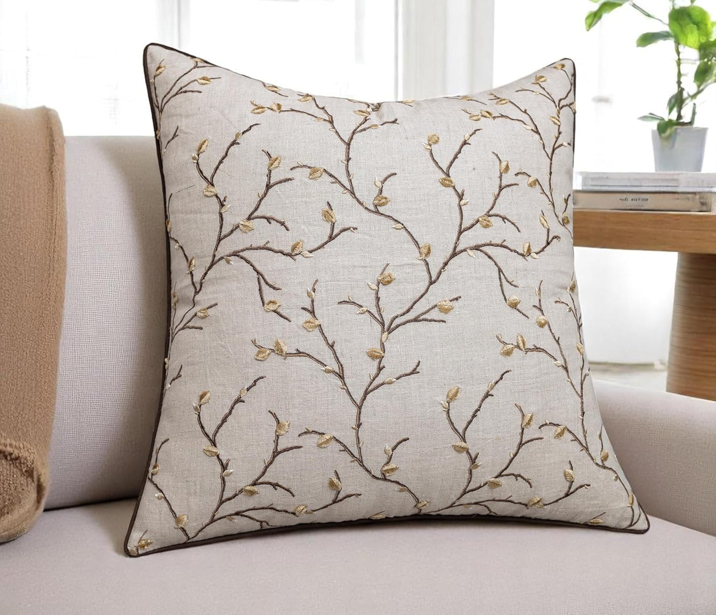 VAGMINE Embroidered Pussy Willow Throw Pillow Cover - 20x20 Inches Square - 100% Linen Natural Throw Pillowcase - Elegant Neutral Floral Design - Minimalist Rustic Home Accent for Sofa, Bed, Lounge