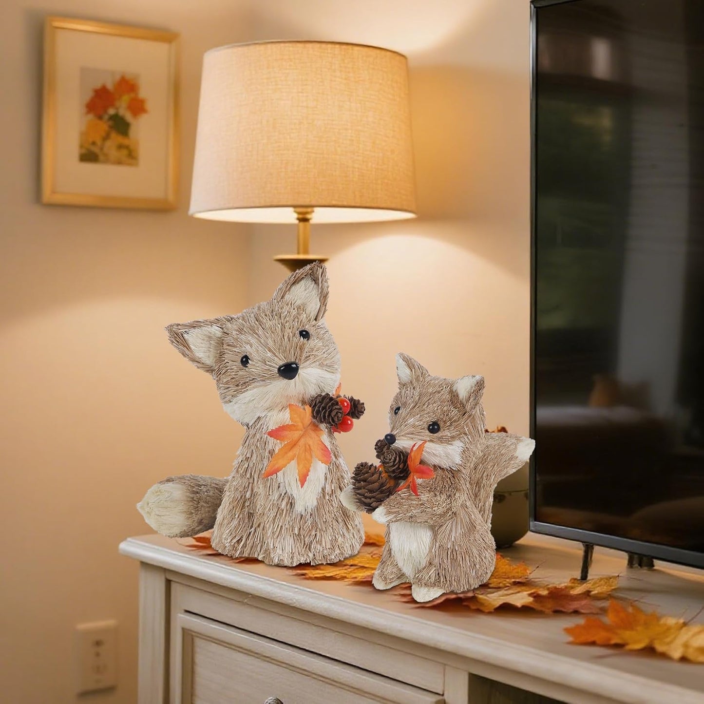 winemana Fall Decor Thanksgiving Decoration Sisal Fox, Set of 2 Table Centerpiece Foxes Animals Figurines, Handmade Ornaments Autumn Fall Decorations for Home Mantel Fireplace