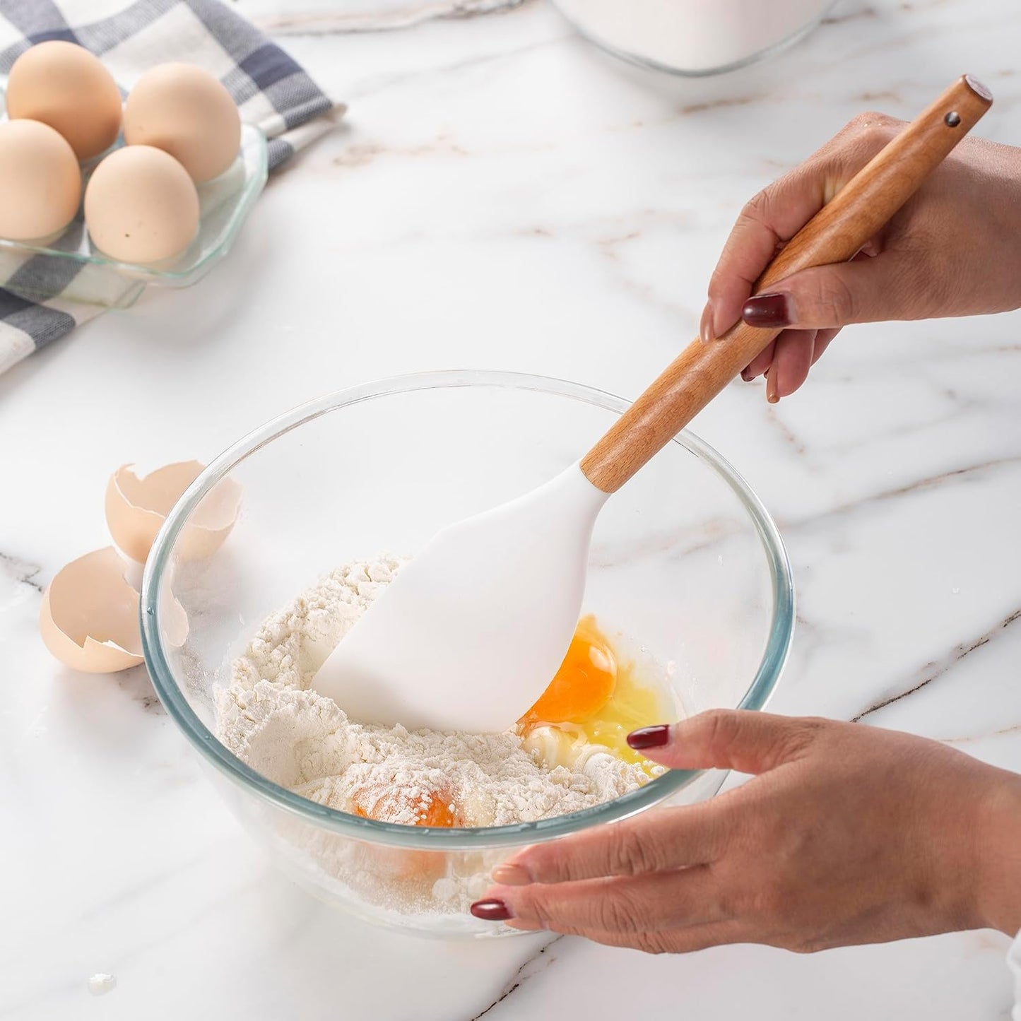 Country Kitchen Non Stick Silicone Utensil Set with Rounded Wood Handles for Cooking and Baking, 14 Piece Set, White