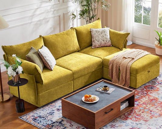 102.6" Modular Sectional Sofa, L Shaped Couch Set for Living Room, 3-Seater Comfy Cloud Couches with Movable Storage Ottoman,DIY Combination - Chenille Yellow