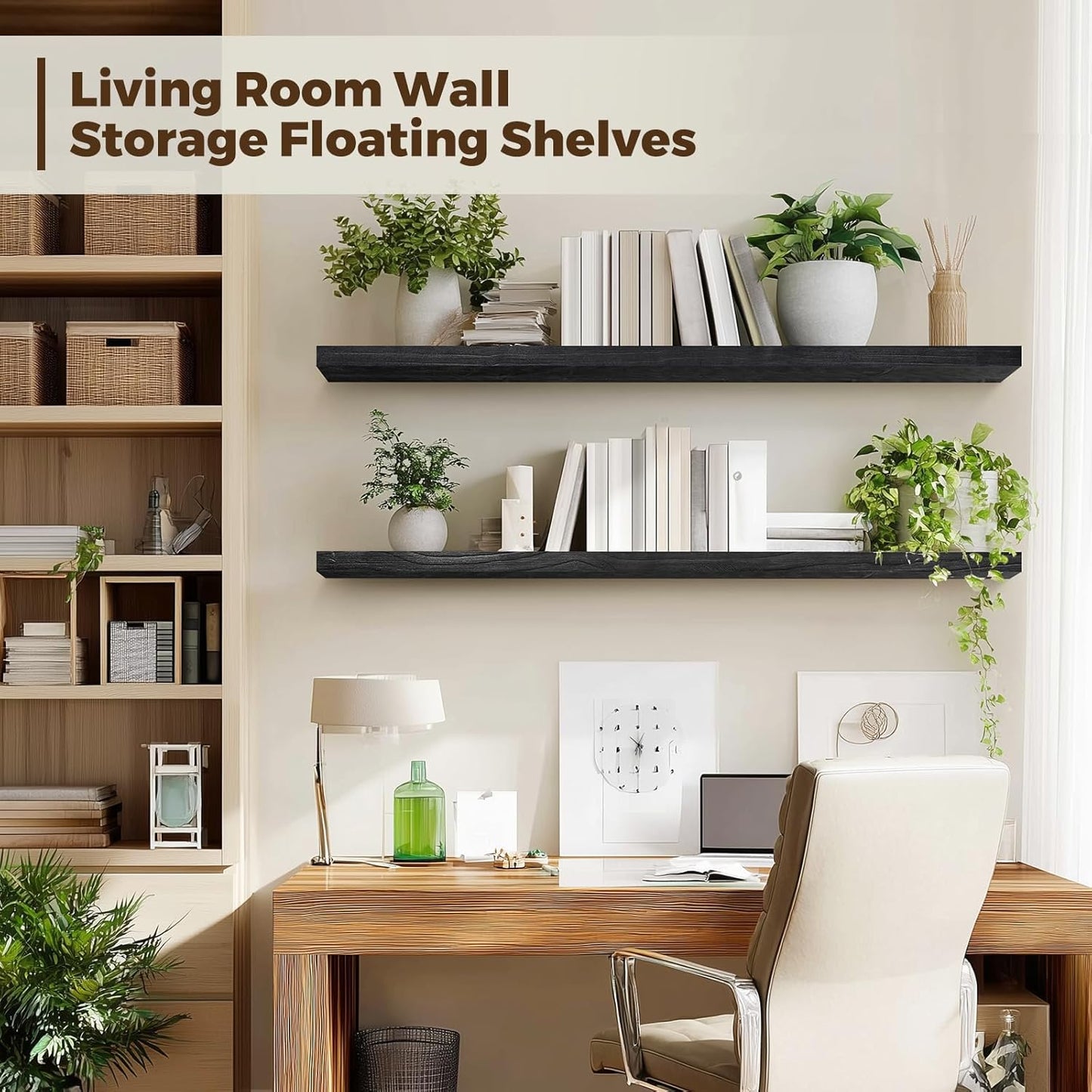 Floating Wall Shelves 2-Pack - 36-Inch Rustic Black Wooden Shelves for Storage and Décor, Easy Installation for Living Room, Bedroom, and Kitchen