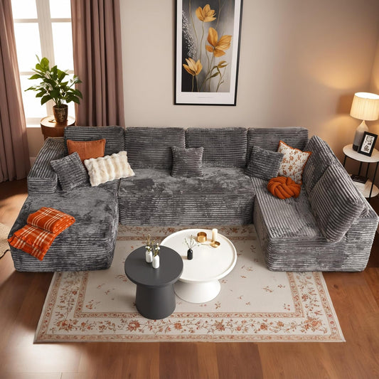 HOOOWOOO Cloud Sectional Couches for Living Room,Modular Sectional Sofa No Assembly,133X70 Inch Plush Corduroy Large U Shaped Floor Couch Set with Deep Seat Chaise Lounge(Gray)
