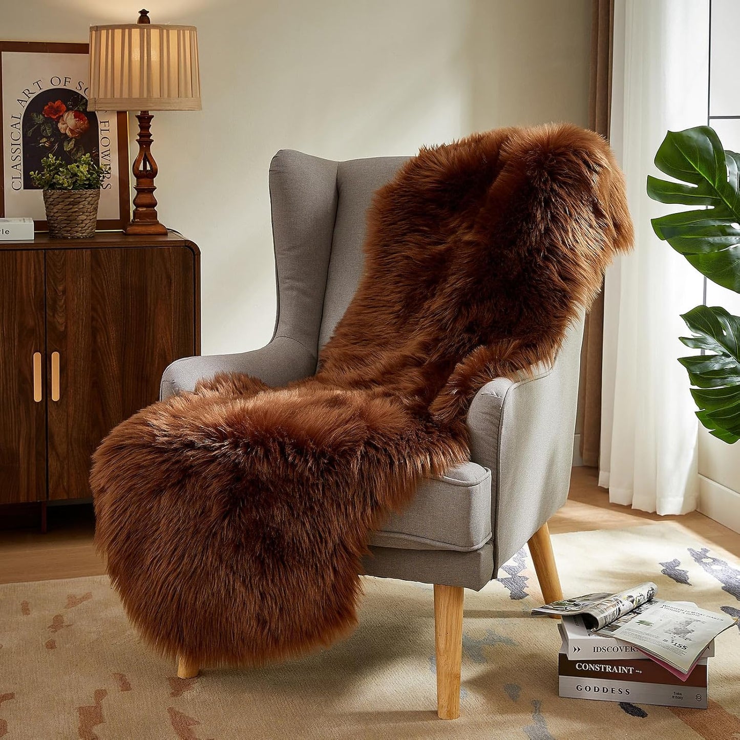 AMTOVO Faux Sheepskin Rug, Coffee Ultra Soft Fluffy Shag Area Rug, 2 x 6 ft Faux Fur Rug for Bedroom Sofa Throw Cushion Room Decor, Sheepskin