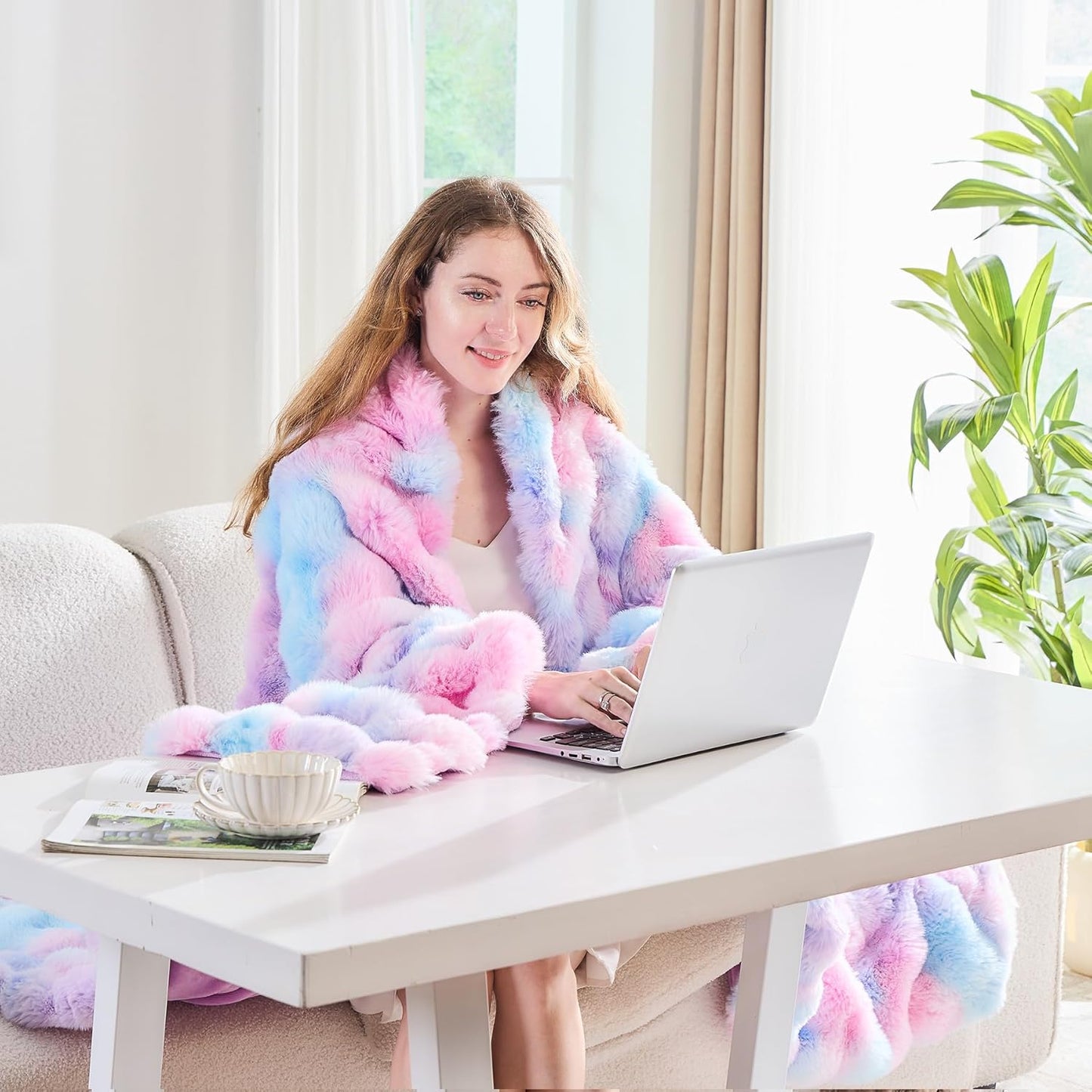 Lotus Karen Faux Fur Throw Blanket Tie-Dye Purple Rainbow - Big Bubble Rabbit Fluff Blanket for Couch, Large Fluffy Fuzzy Cozy Blanket,Thick Furry Plush Shaggy Blankets,90x90 Inches