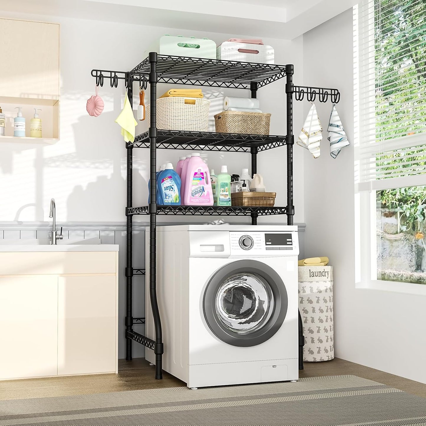 Ulif U8 Laundry Room Storage Organizer, Over The Washer and Dryer Storage Shelves for Laundry Organization, 35" W x 17.3" D x 76.2" H, Suit Washing Machine Width Within 32.6", Hold 304 lb, Black